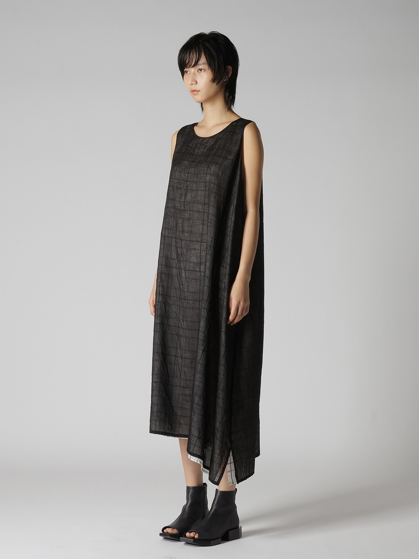 SHEER COTTON-LINEN PLAID LAYER DRESS