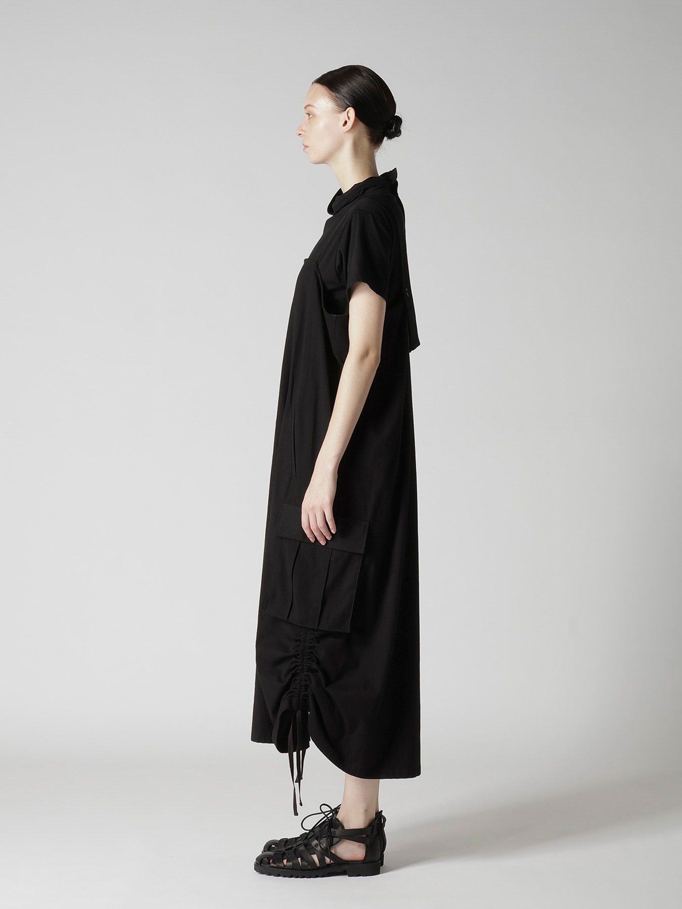 CROSS WEAVE GABARDINE SHIRRING SHOULDER STRAP DRESS