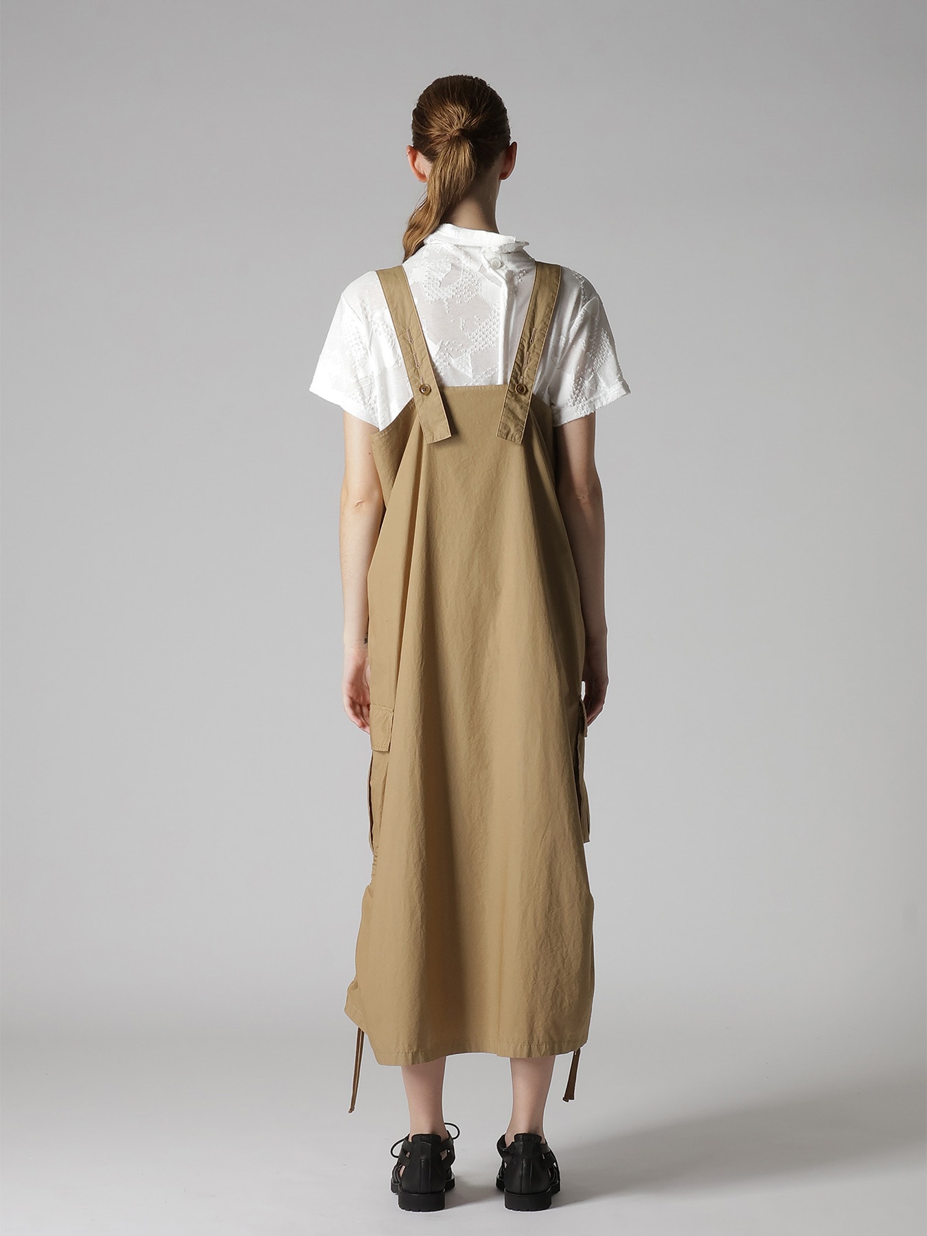 COTTON TYPEWRITER SHIRRING SHOULDER STRAP DRESS