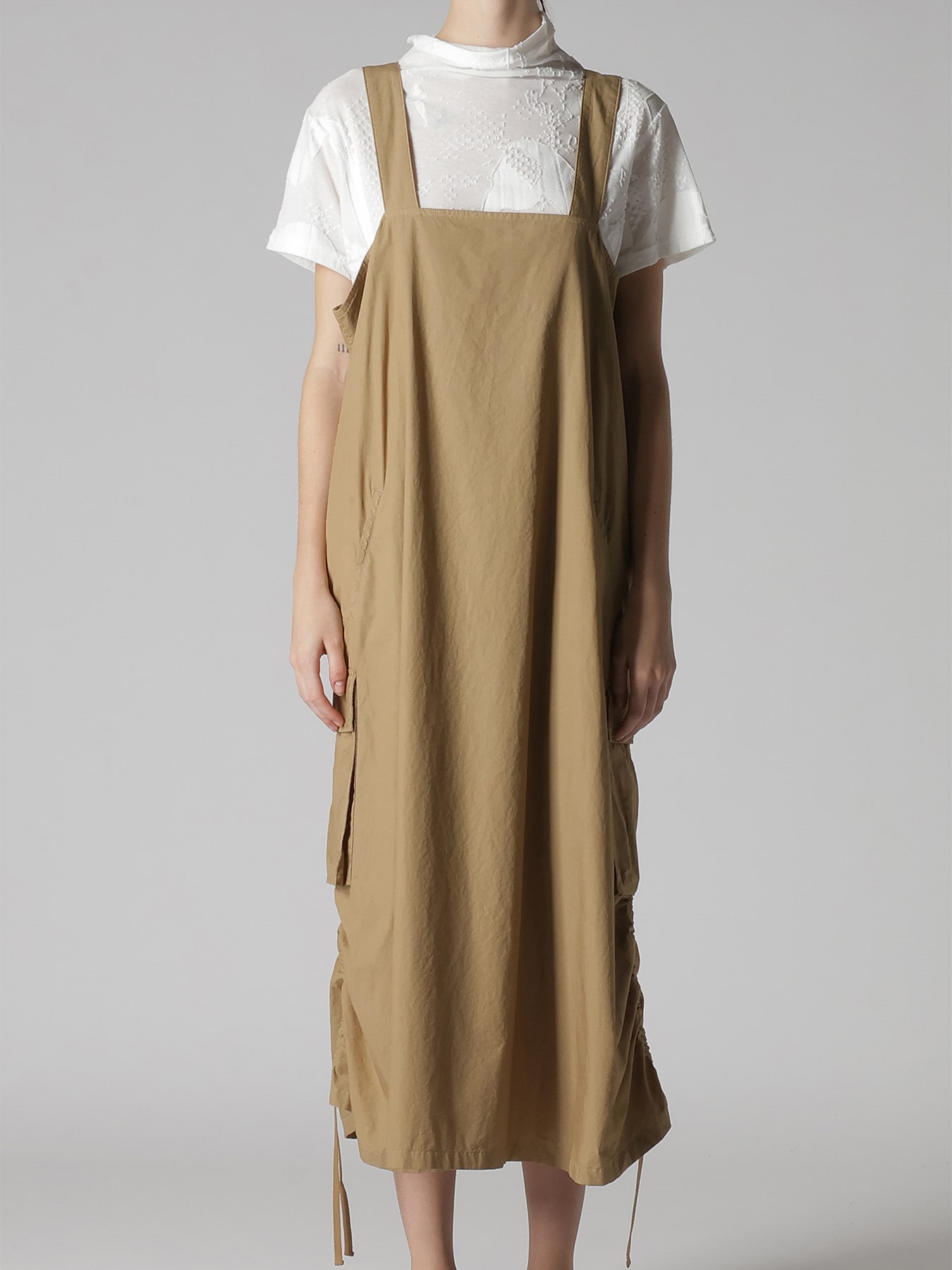 COTTON TYPEWRITER SHIRRING SHOULDER STRAP DRESS