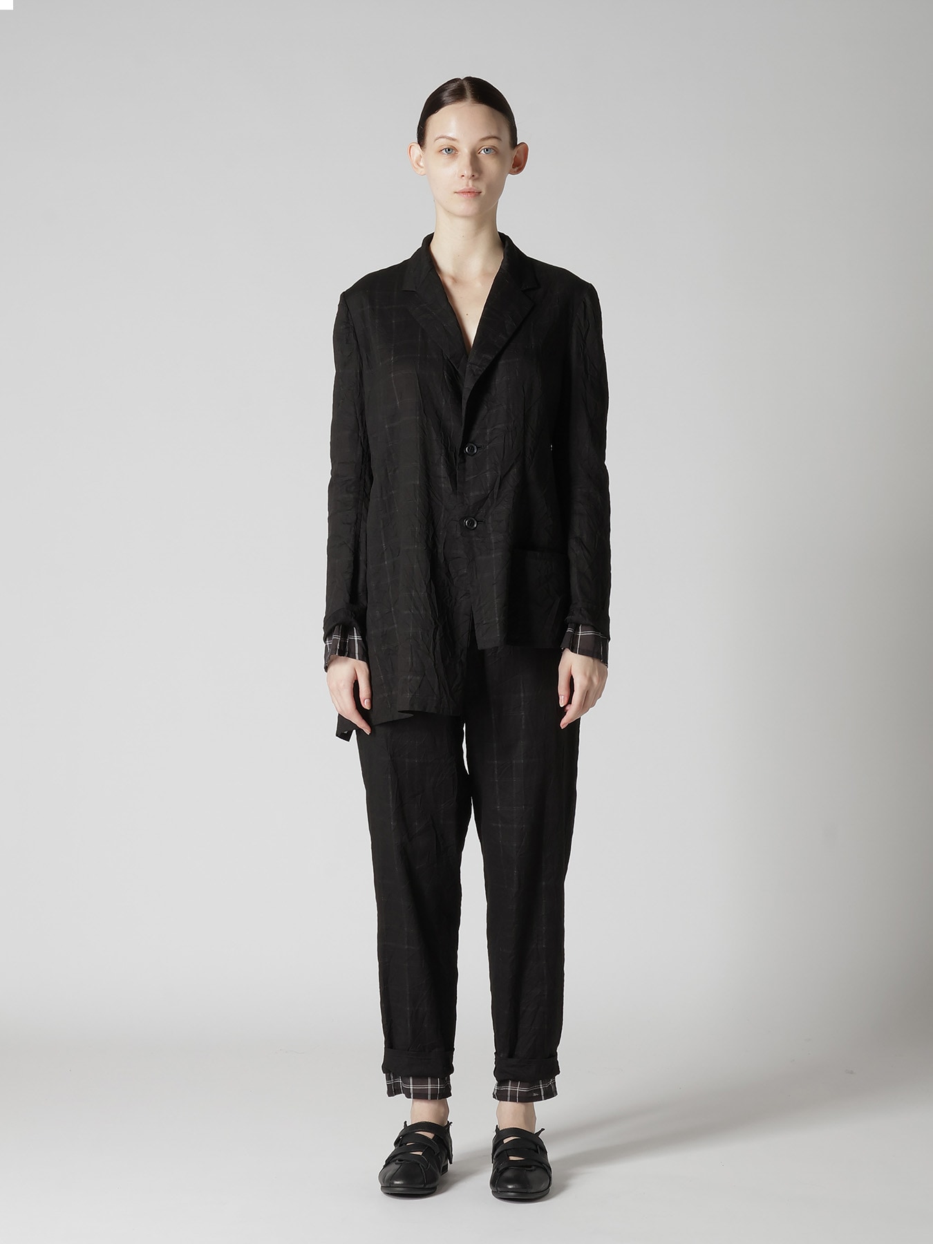 SHEER COTTON－LINEN PLAID LAYER JACKET