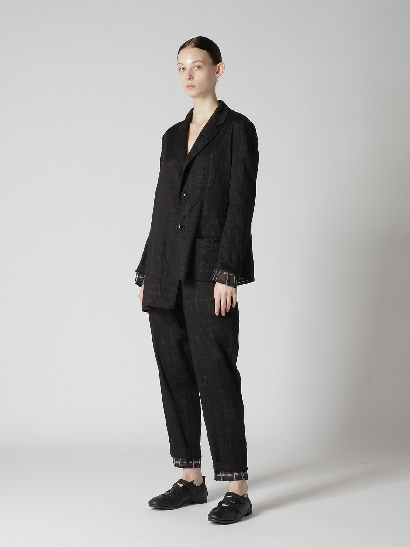 SHEER COTTON－LINEN PLAID LAYER JACKET