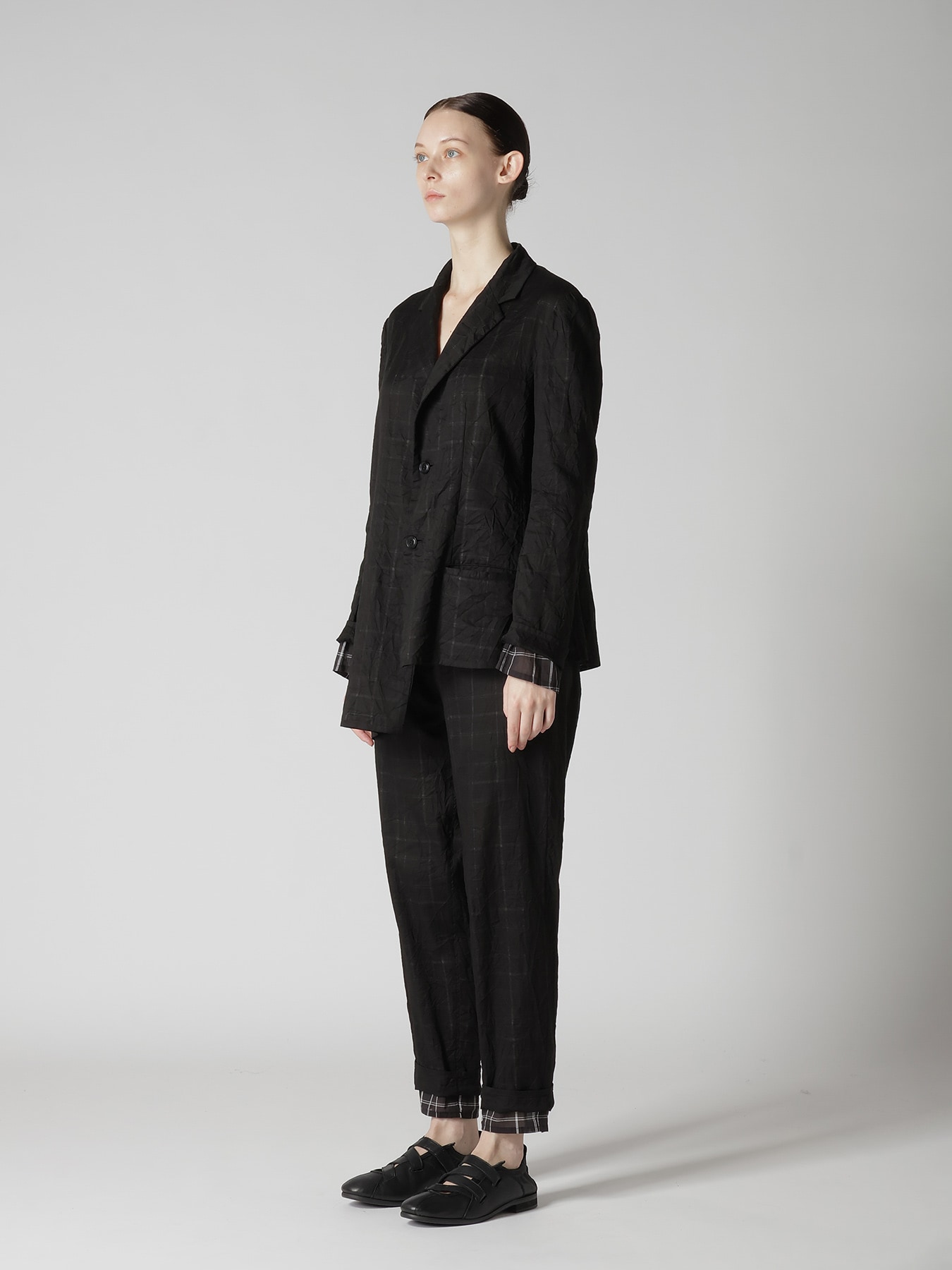 SHEER COTTON－LINEN PLAID LAYER JACKET