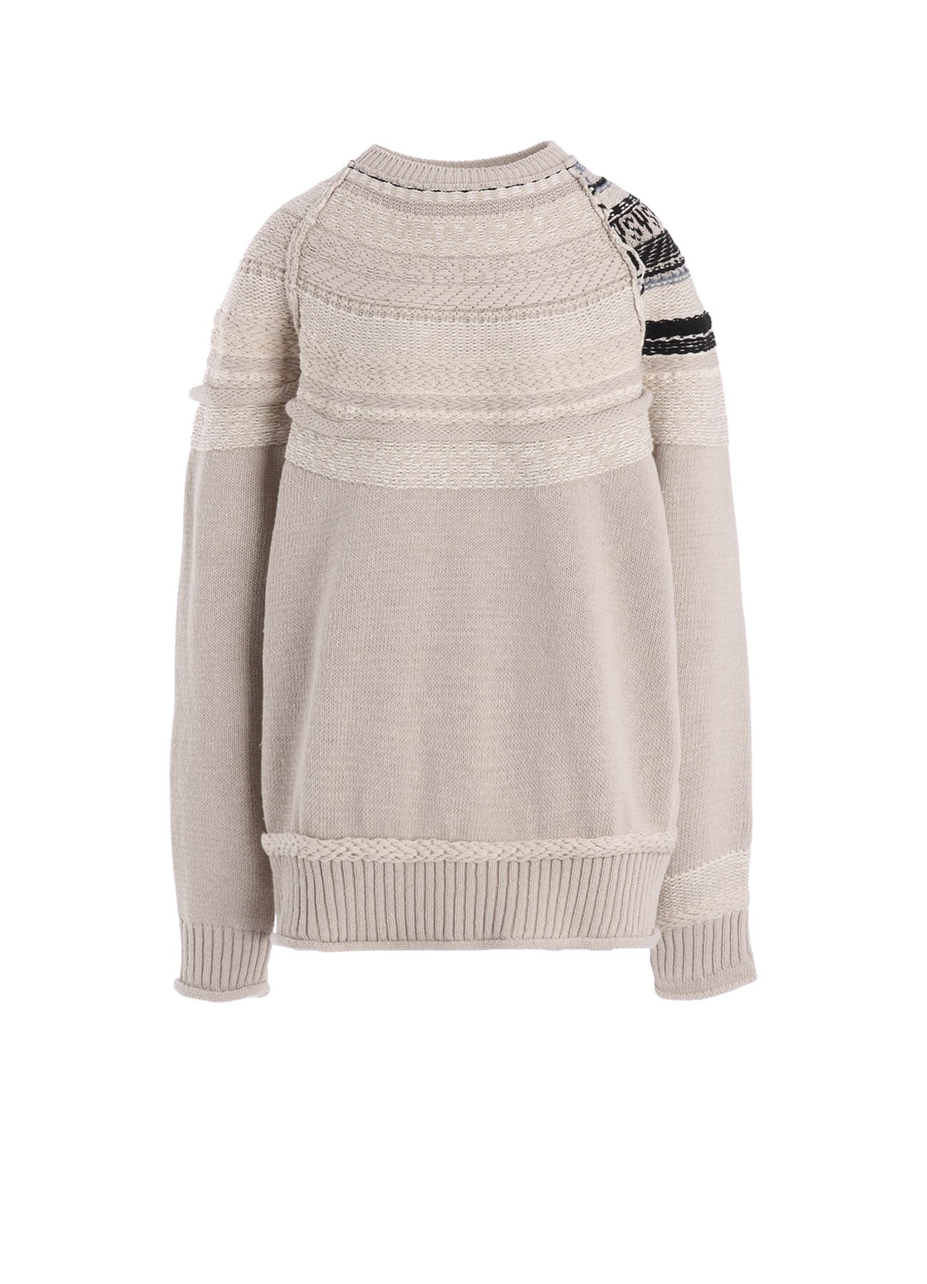 MIXED MATERIAL FAIR ISLE ROUND NECK PULLOVER