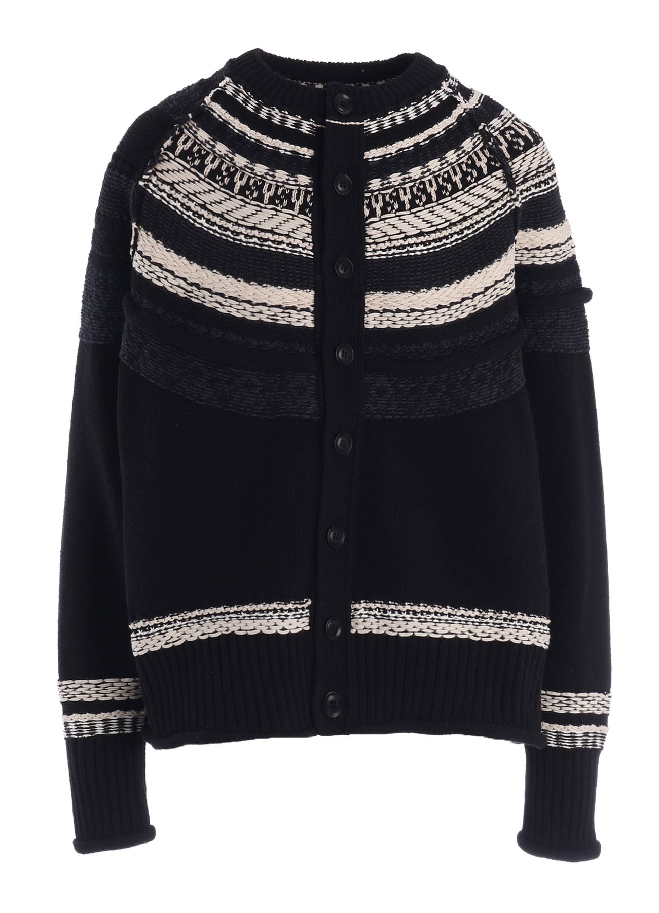 MIXED MATERIAL FAIR ISLE ROUND NECK CARDIGAN
