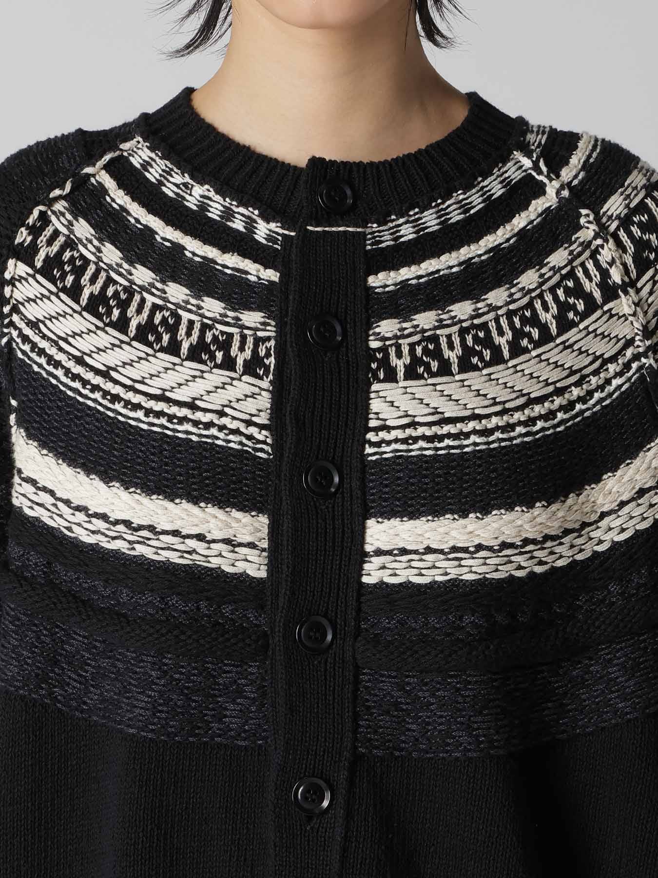 MIXED MATERIAL FAIR ISLE ROUND NECK CARDIGAN