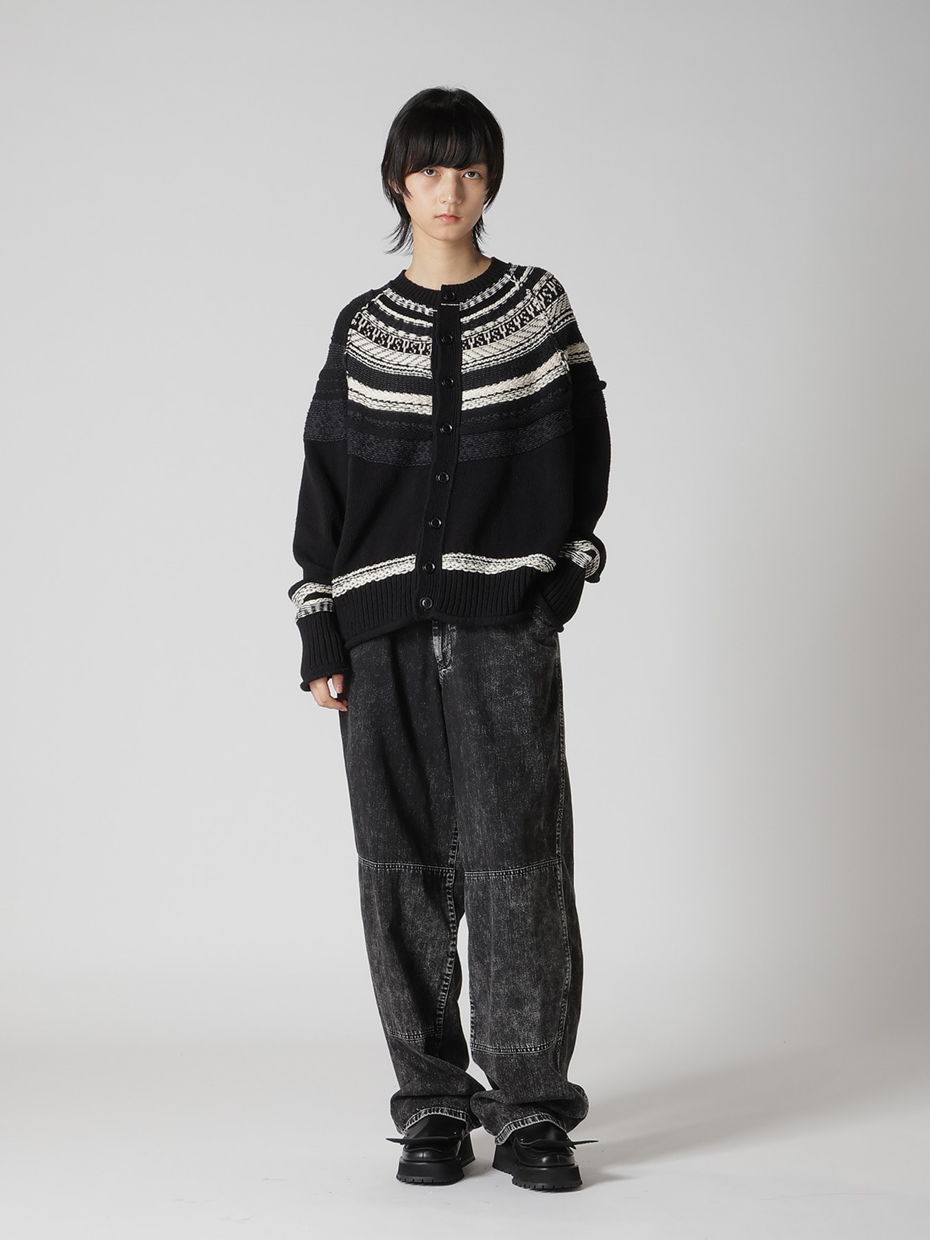 MIXED MATERIAL FAIR ISLE ROUND NECK CARDIGAN