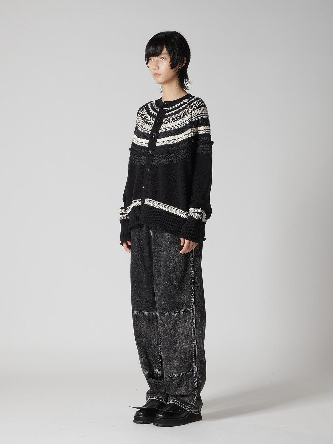 MIXED MATERIAL FAIR ISLE ROUND NECK CARDIGAN