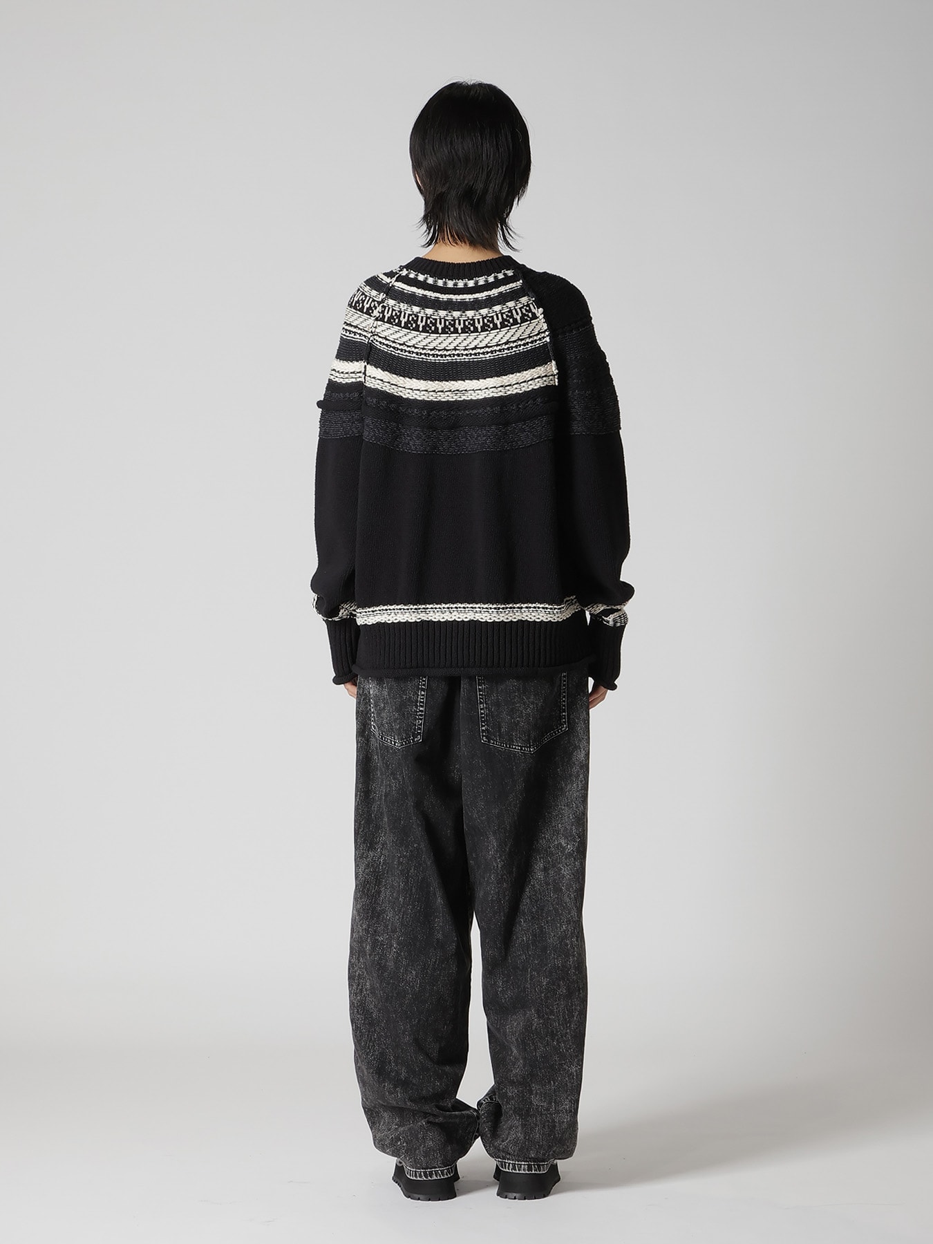 MIXED MATERIAL FAIR ISLE ROUND NECK CARDIGAN