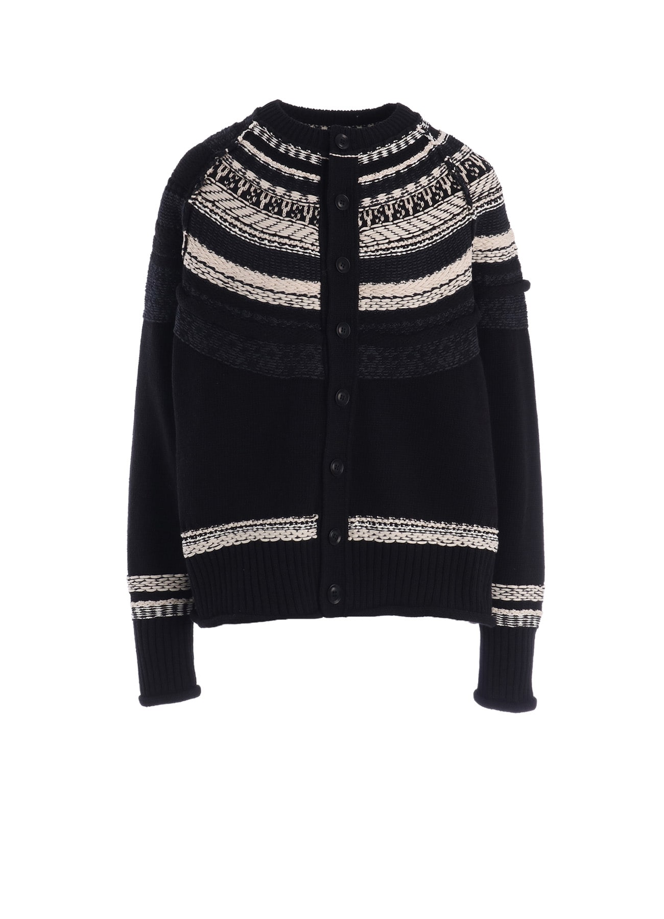 MIXED MATERIAL FAIR ISLE ROUND NECK CARDIGAN