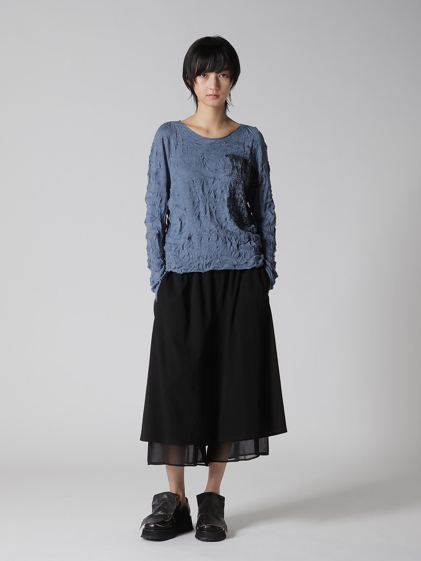 WRINKLED OFF NECK LONG SLEEVE PULLOVER