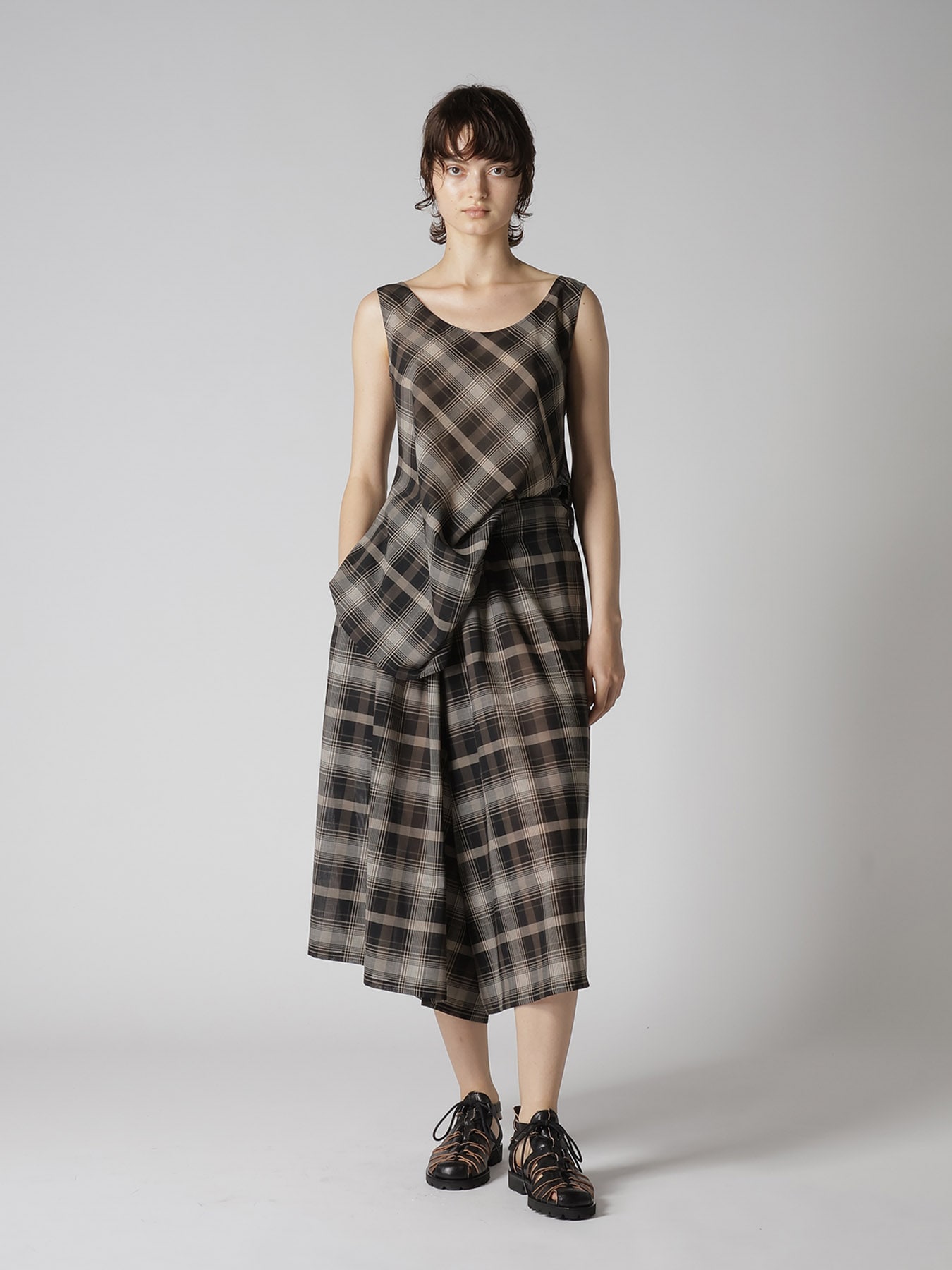 W/PE VOILE PLAID RIGHT SIDE GATHER PANTS