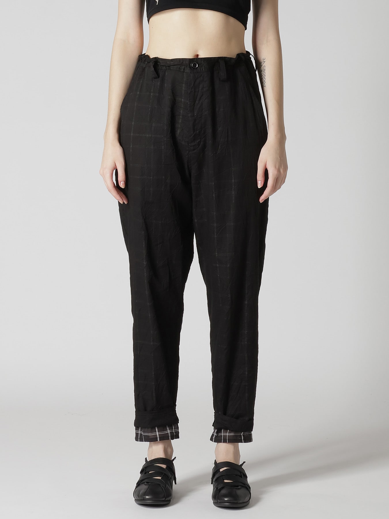 SHEER COTTON-LINEN PLAID LAYER PANTS