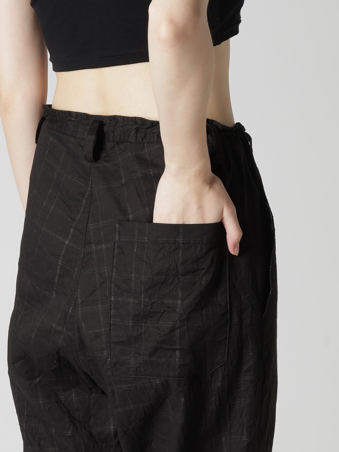SHEER COTTON-LINEN PLAID LAYER PANTS