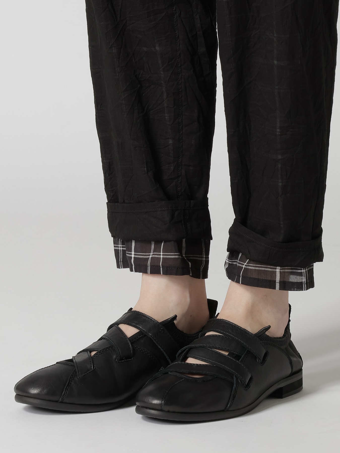 SHEER COTTON-LINEN PLAID LAYER PANTS