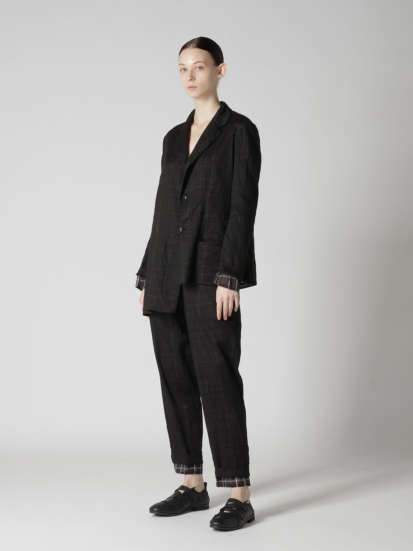 SHEER COTTON-LINEN PLAID LAYER PANTS