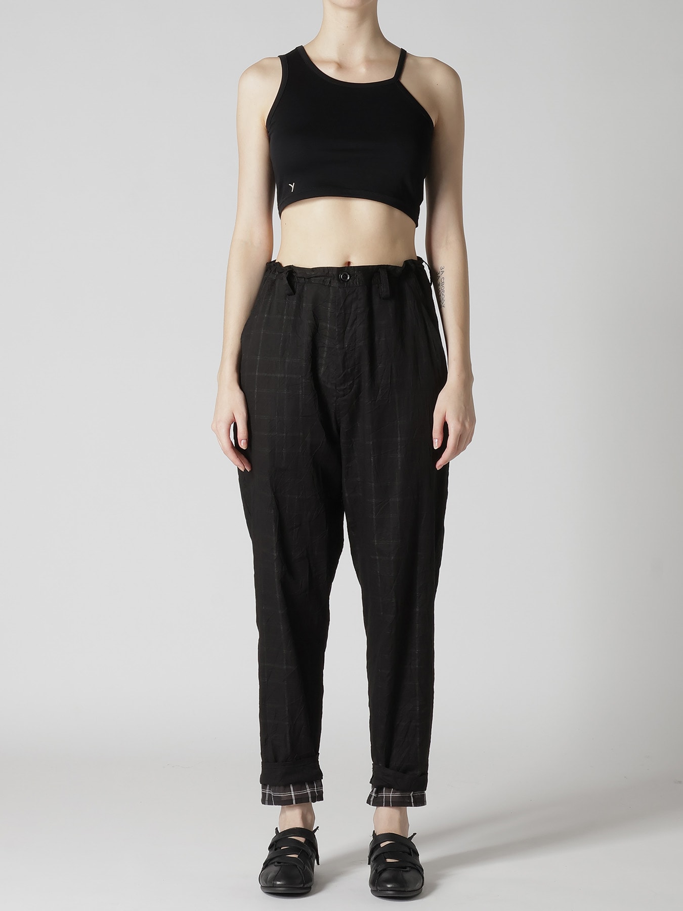 SHEER COTTON-LINEN PLAID LAYER PANTS