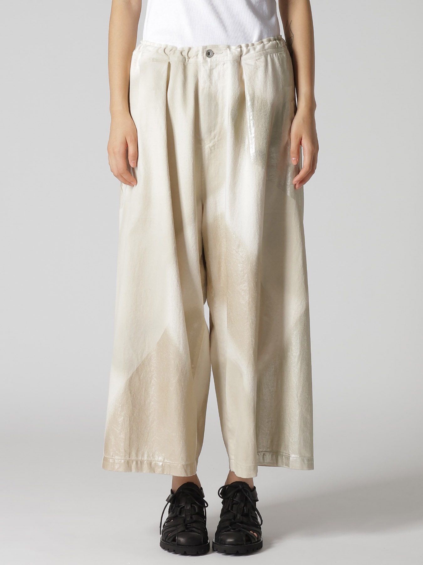 8OZ DENIM FOIL PRINT FRONT TUCK WIDE PANTS