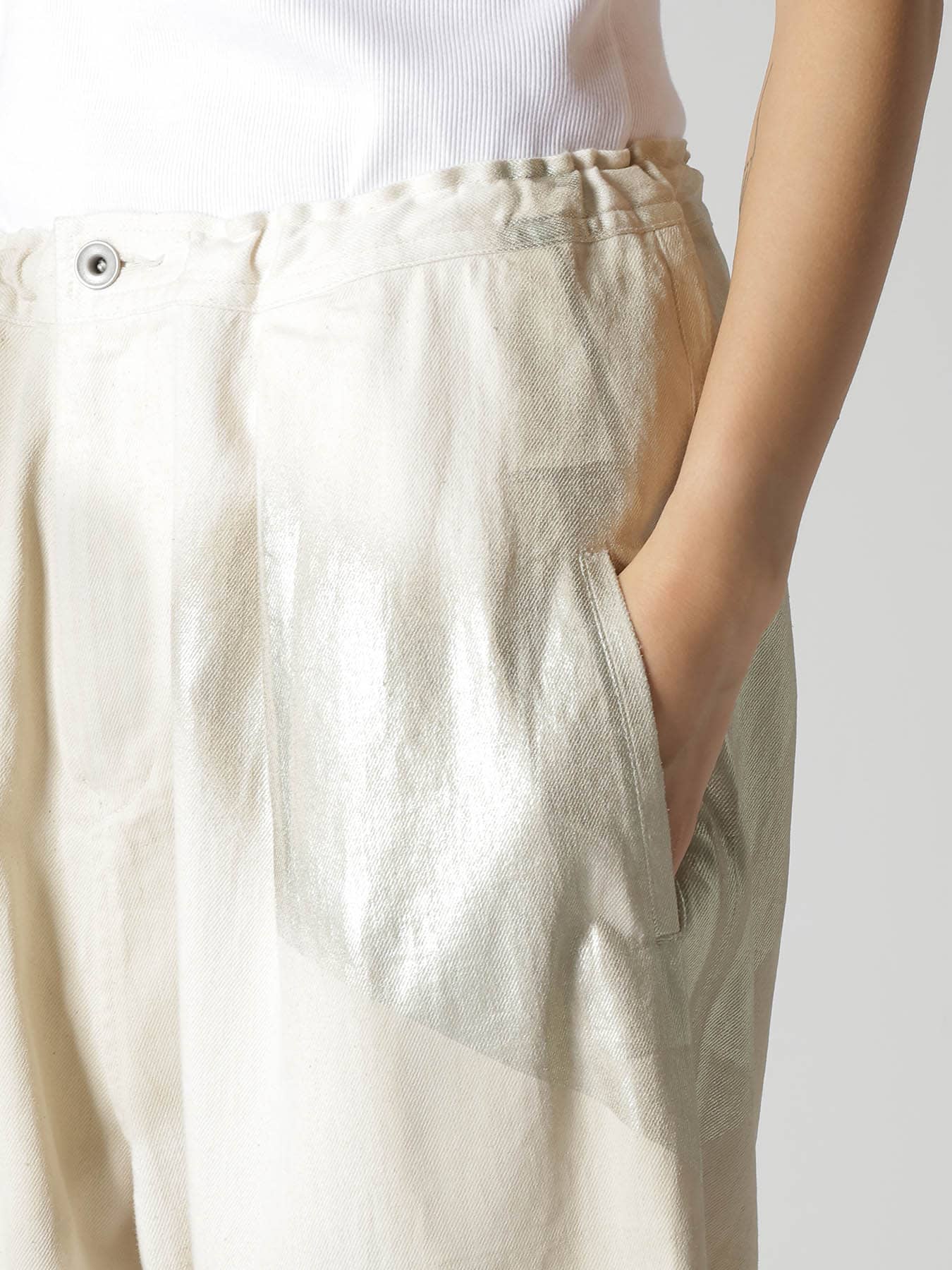 8OZ DENIM FOIL PRINT FRONT TUCK WIDE PANTS