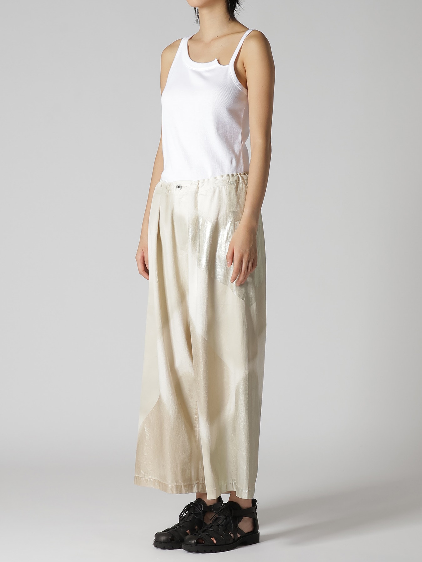 8OZ DENIM FOIL PRINT FRONT TUCK WIDE PANTS