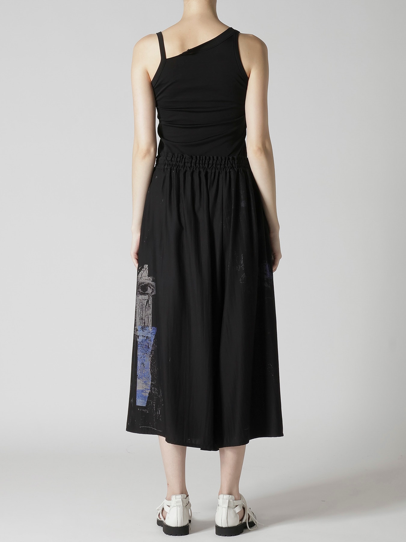 CUPRO/DUNGAREE ASYMMETRIC GATHERED PANTS