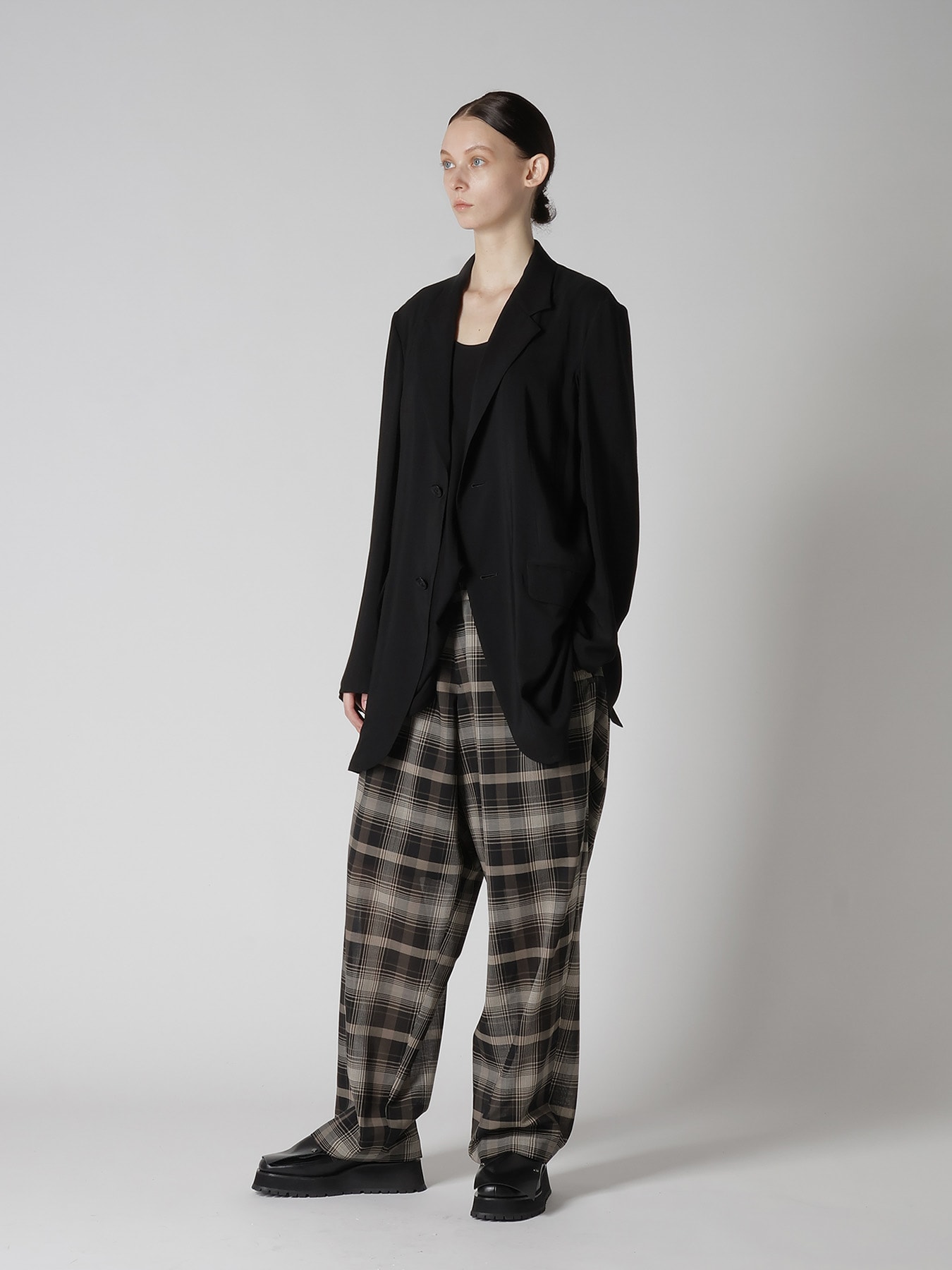 W/PE VOILE PLAID TUCK WIDE PANTS