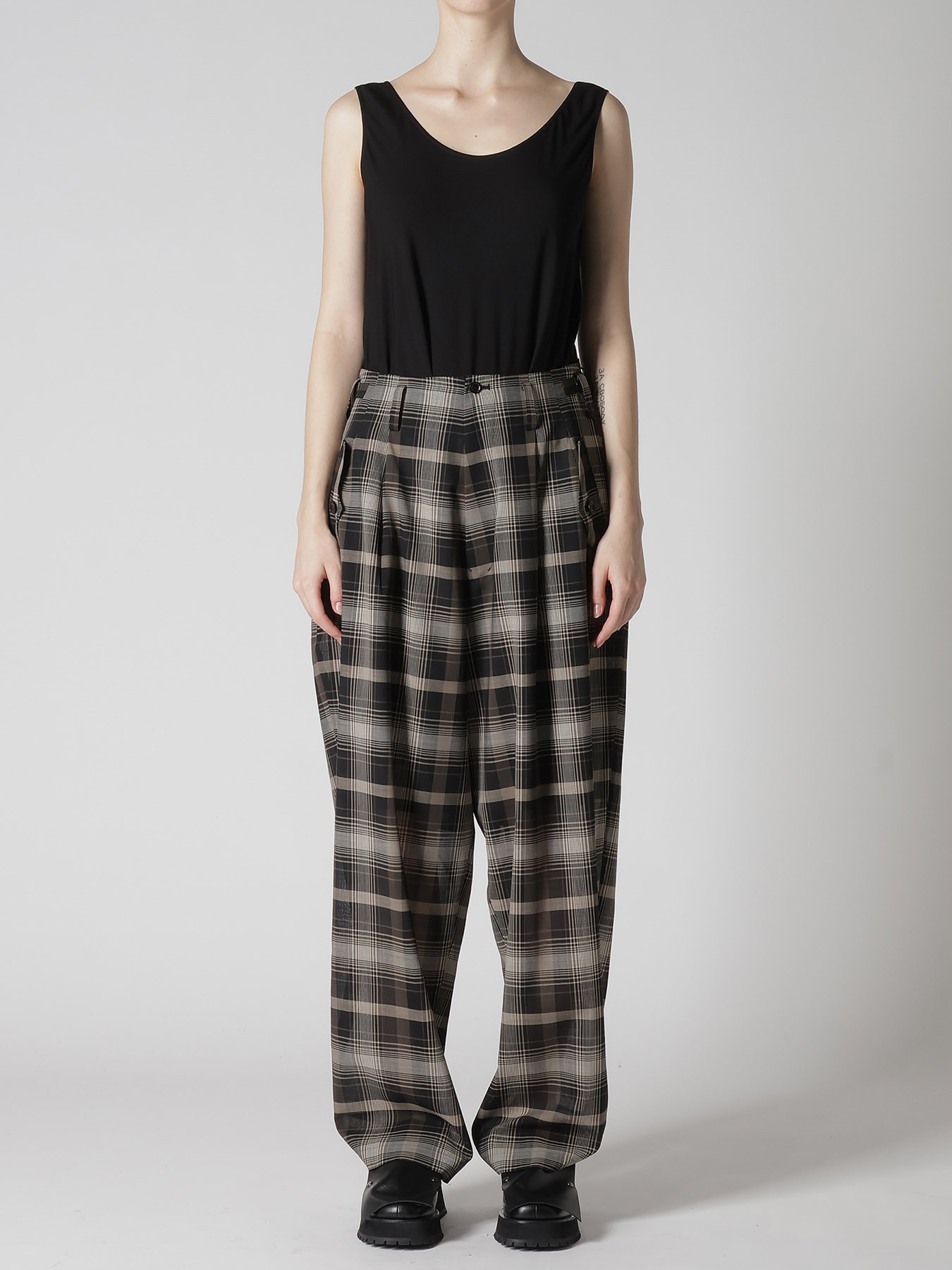 W/PE VOILE PLAID TUCK WIDE PANTS