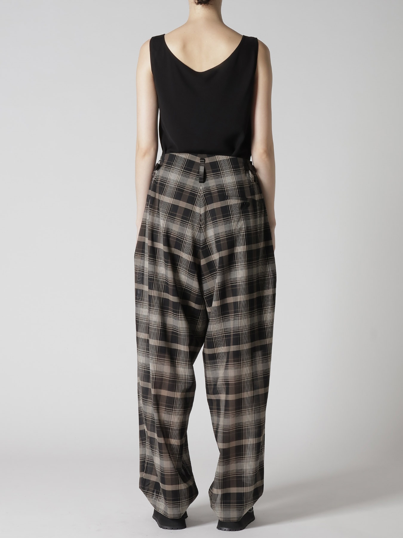 W/PE VOILE PLAID TUCK WIDE PANTS
