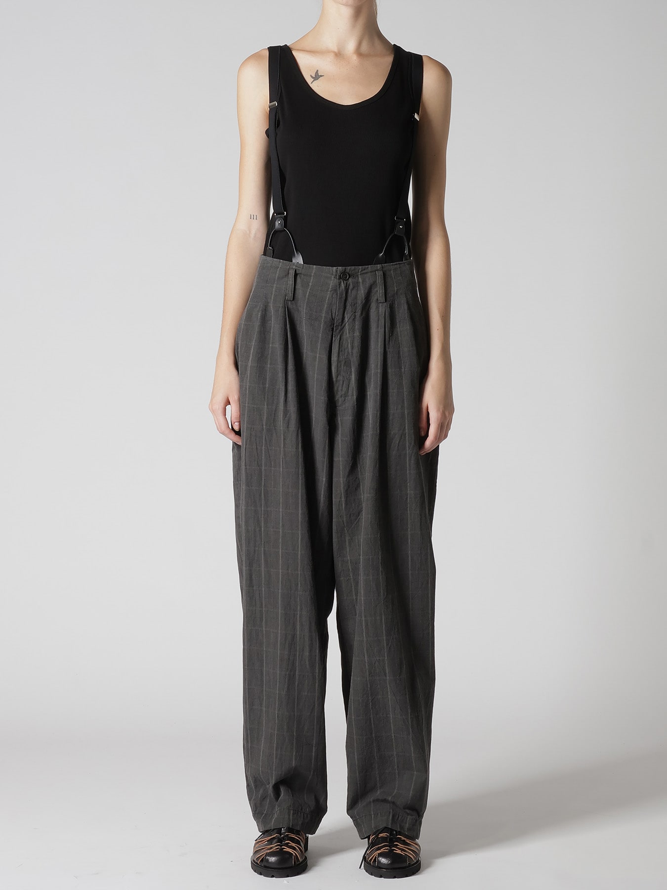 COTTON PLAID SUSPENDER PANTS
