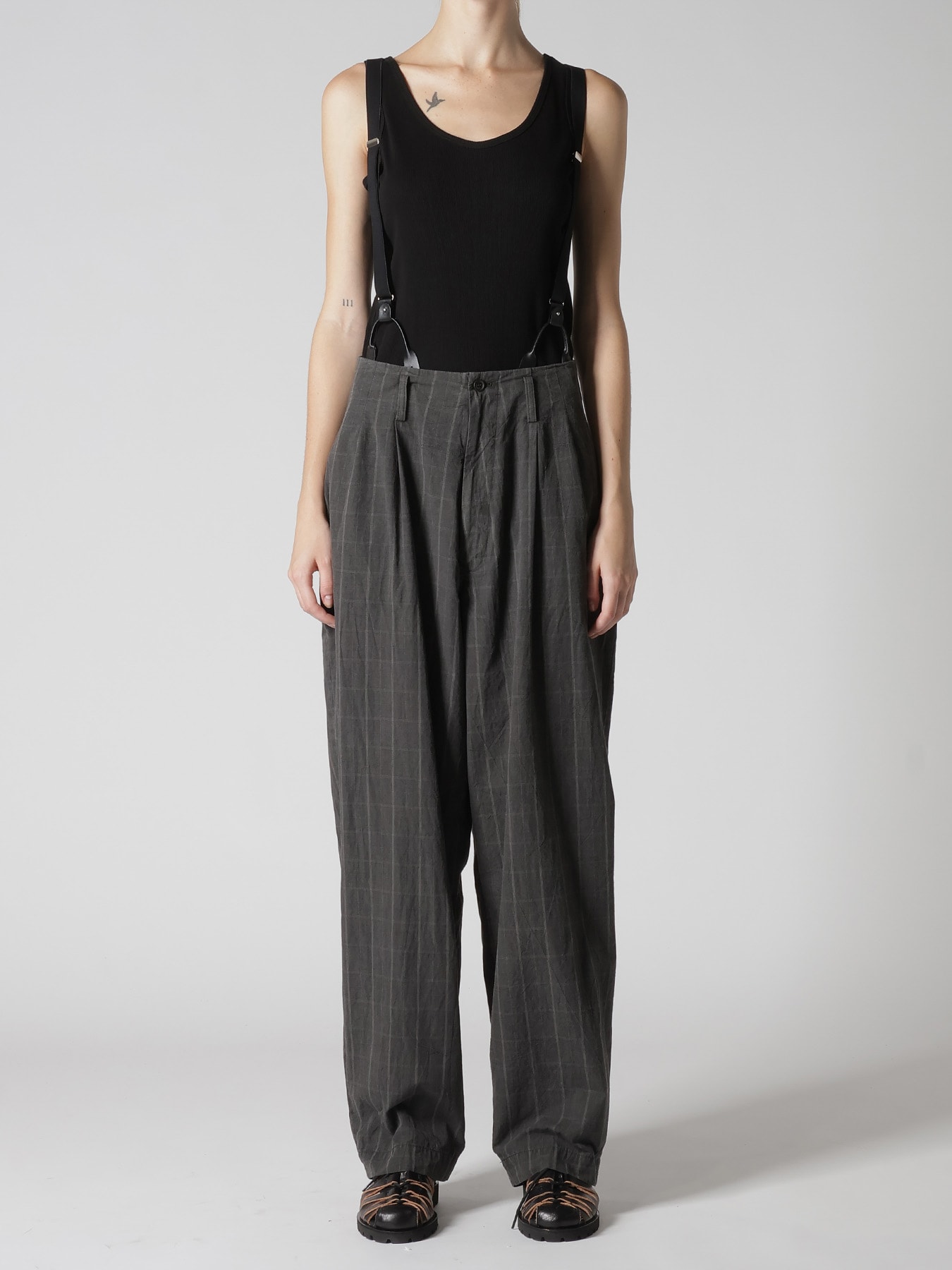 COTTON PLAID SUSPENDER PANTS