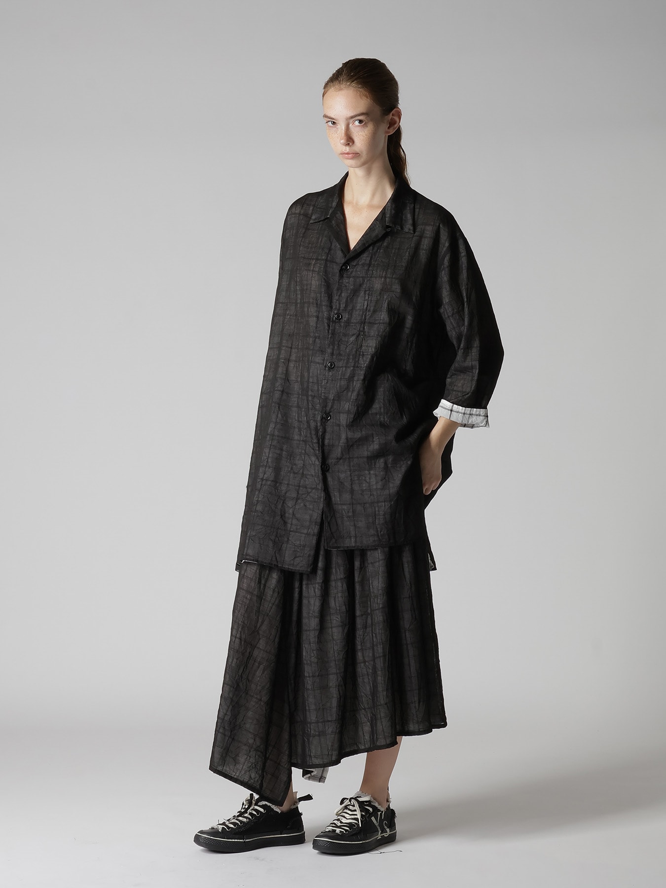 SHEER COTTON-LINEN PLAID LAYER SKIRT