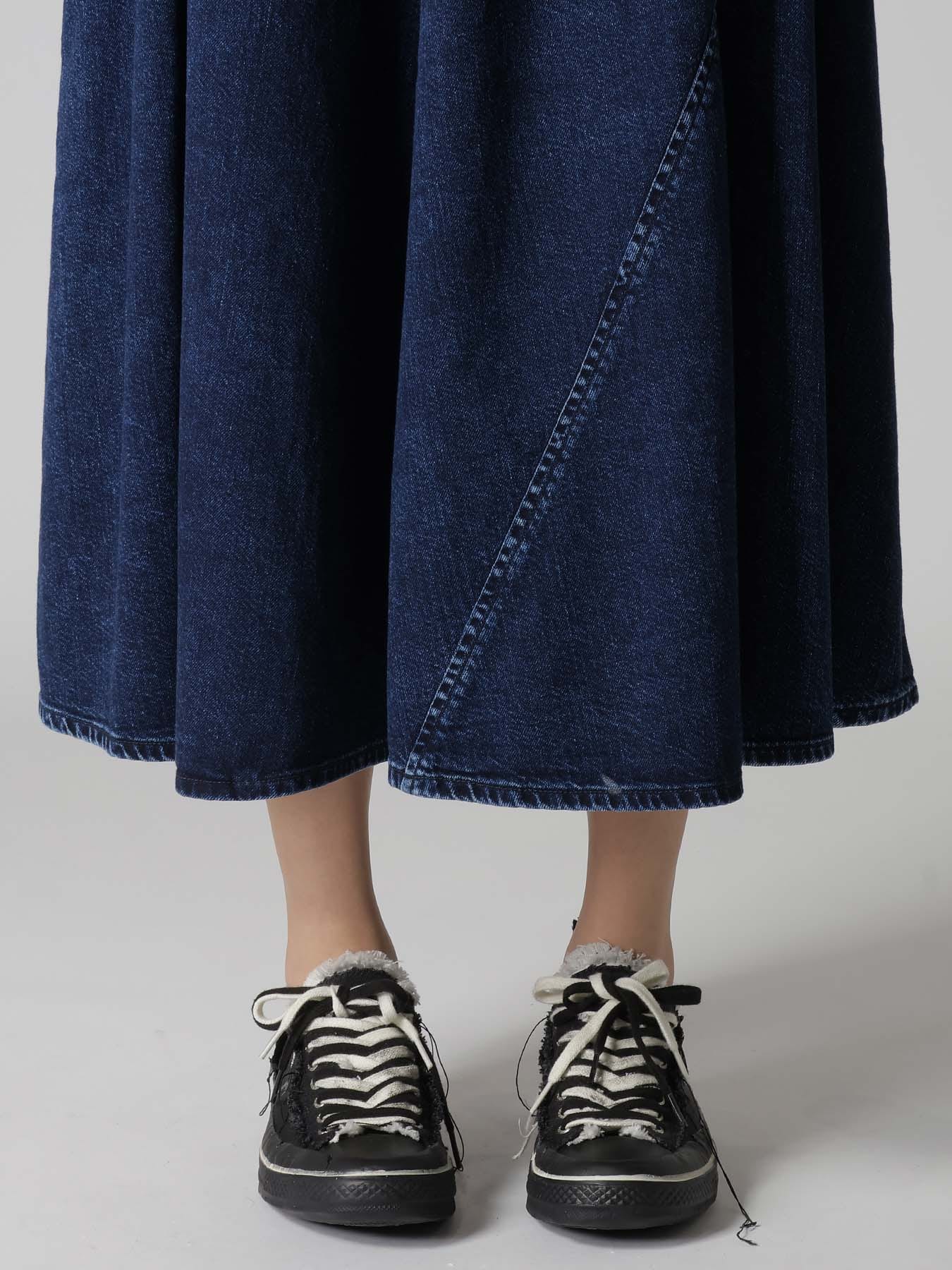 8OZ DENIM CHEMICAL WASH POCKET FLARE SKIRT
