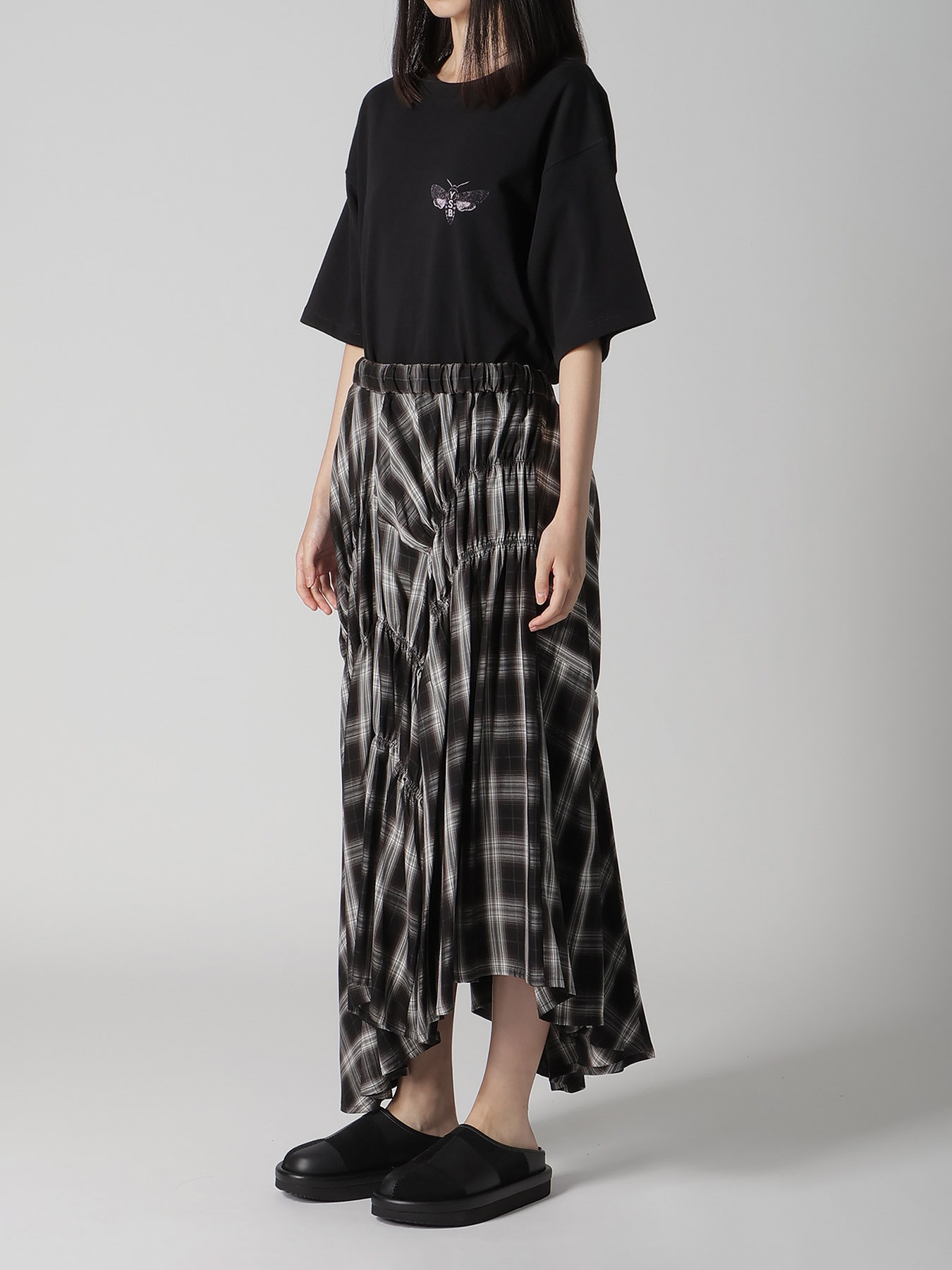 CUPRO SPUN PLAID GATHER SKIRT