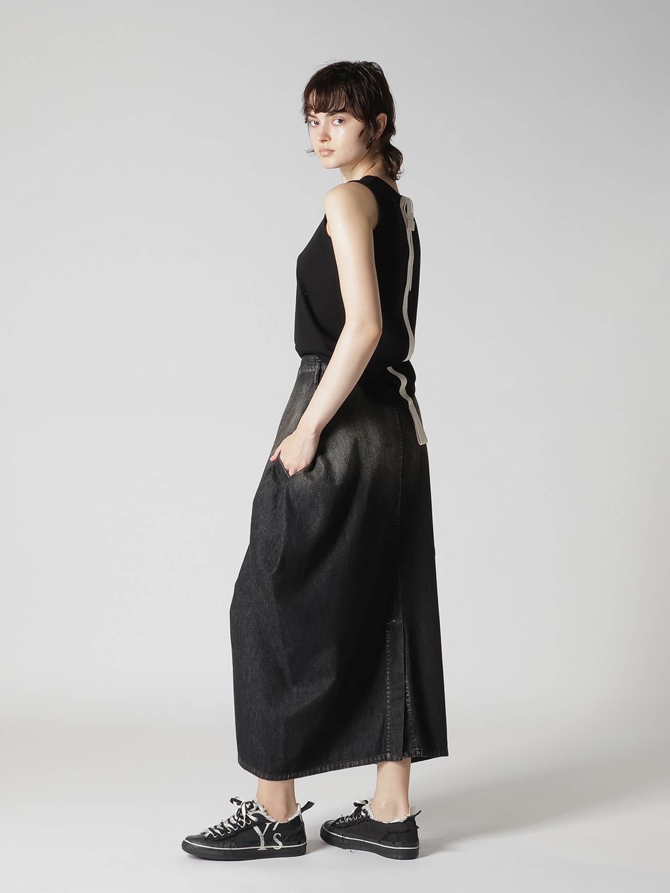 8OZ SPOTTED DENIM SIDE DRAPE SKIRT