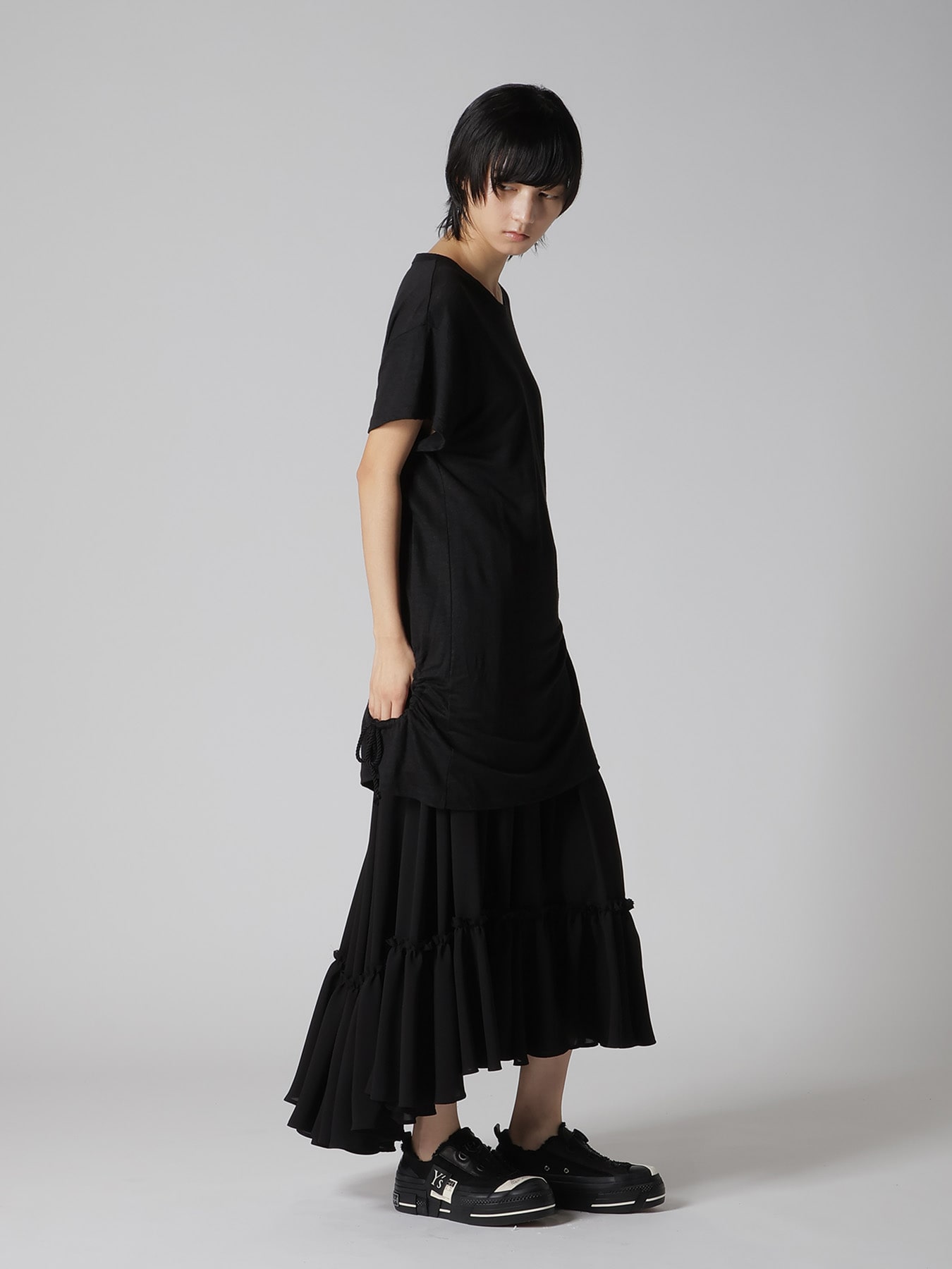 LINEN JERSEY SHIRRING POCKET TEE