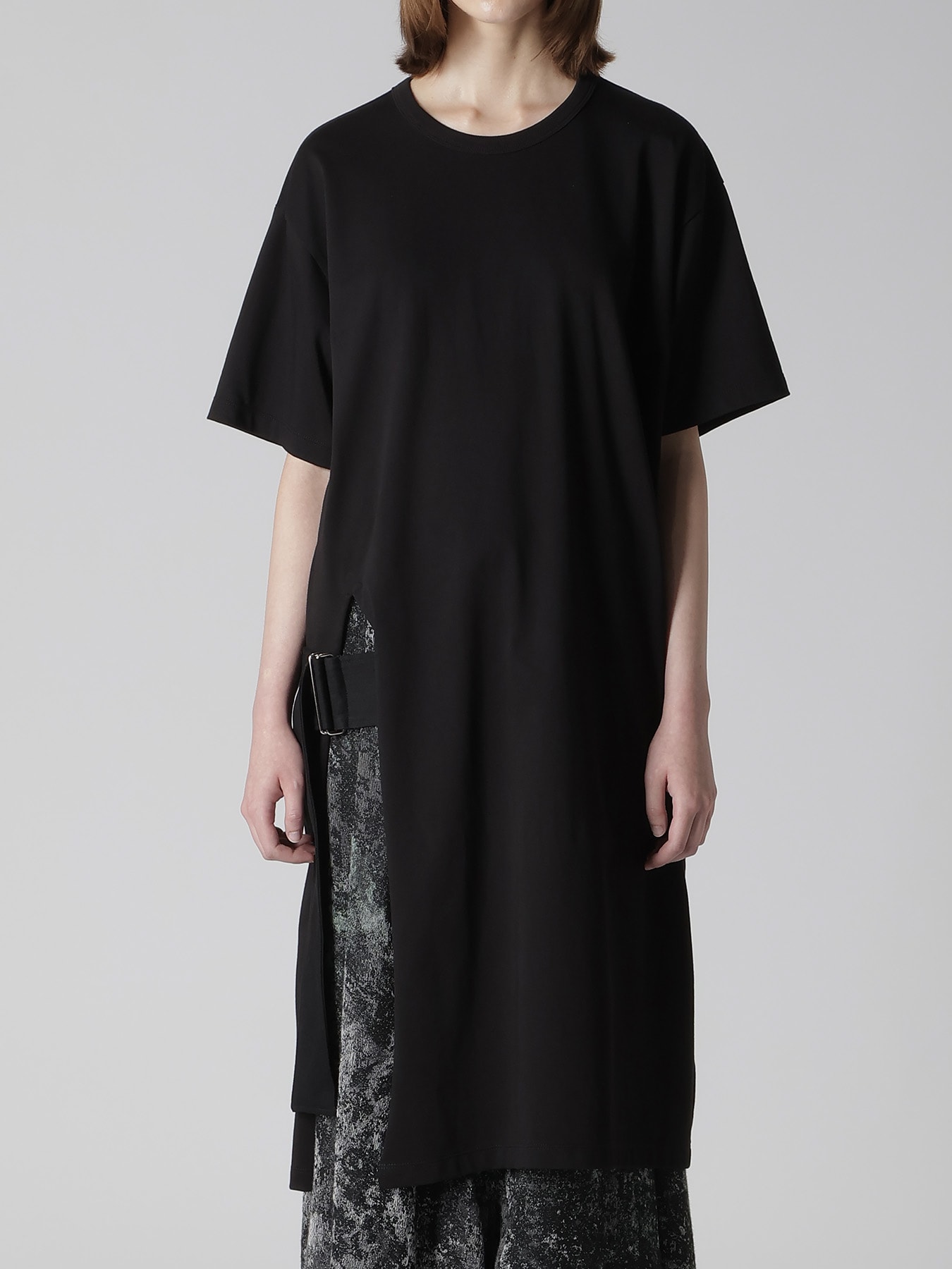 COTTON JERSEY SLIT SHORT SLEEVE LONG TEE