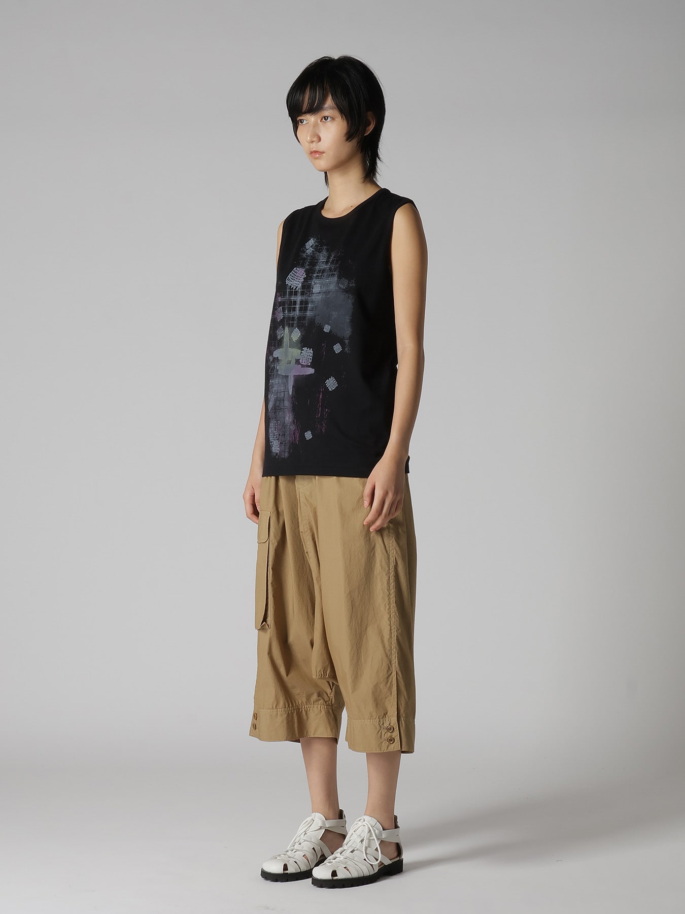 COTTON JERSEY PLAID PRINT SLEEVELESS PRINT TEE