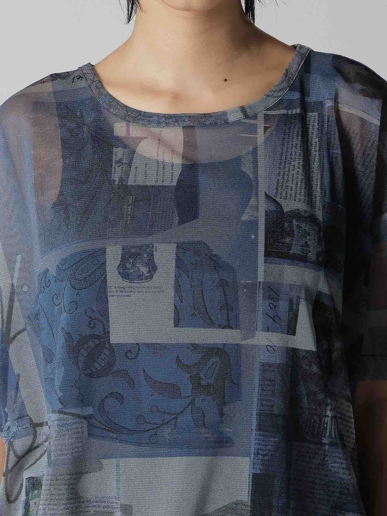TULLE VASE COLLAGE PRINT ROUND NECK LOOSE TEE