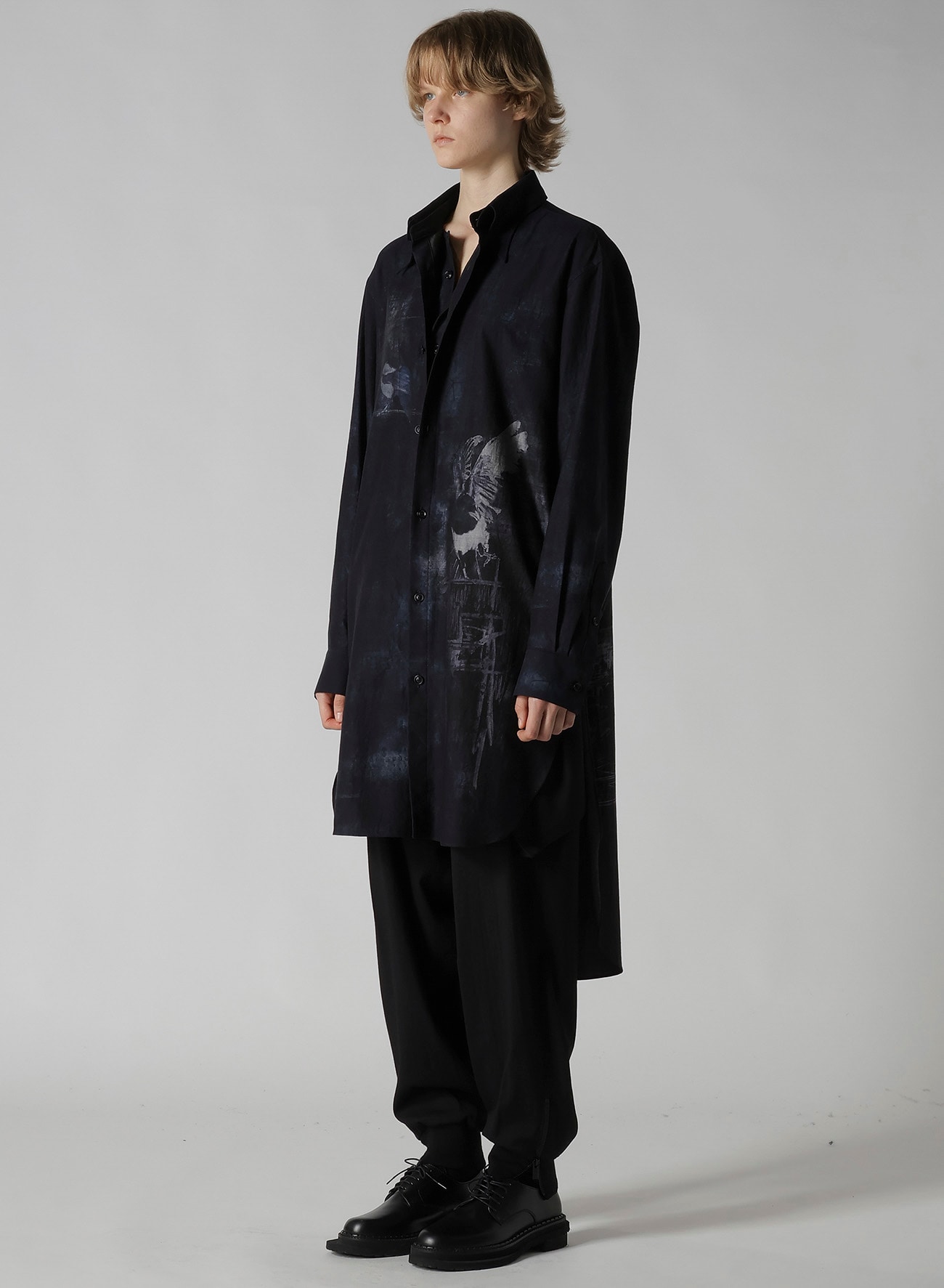 BIRD PRINT DENIM DOUBLE FRONT SHIRT
