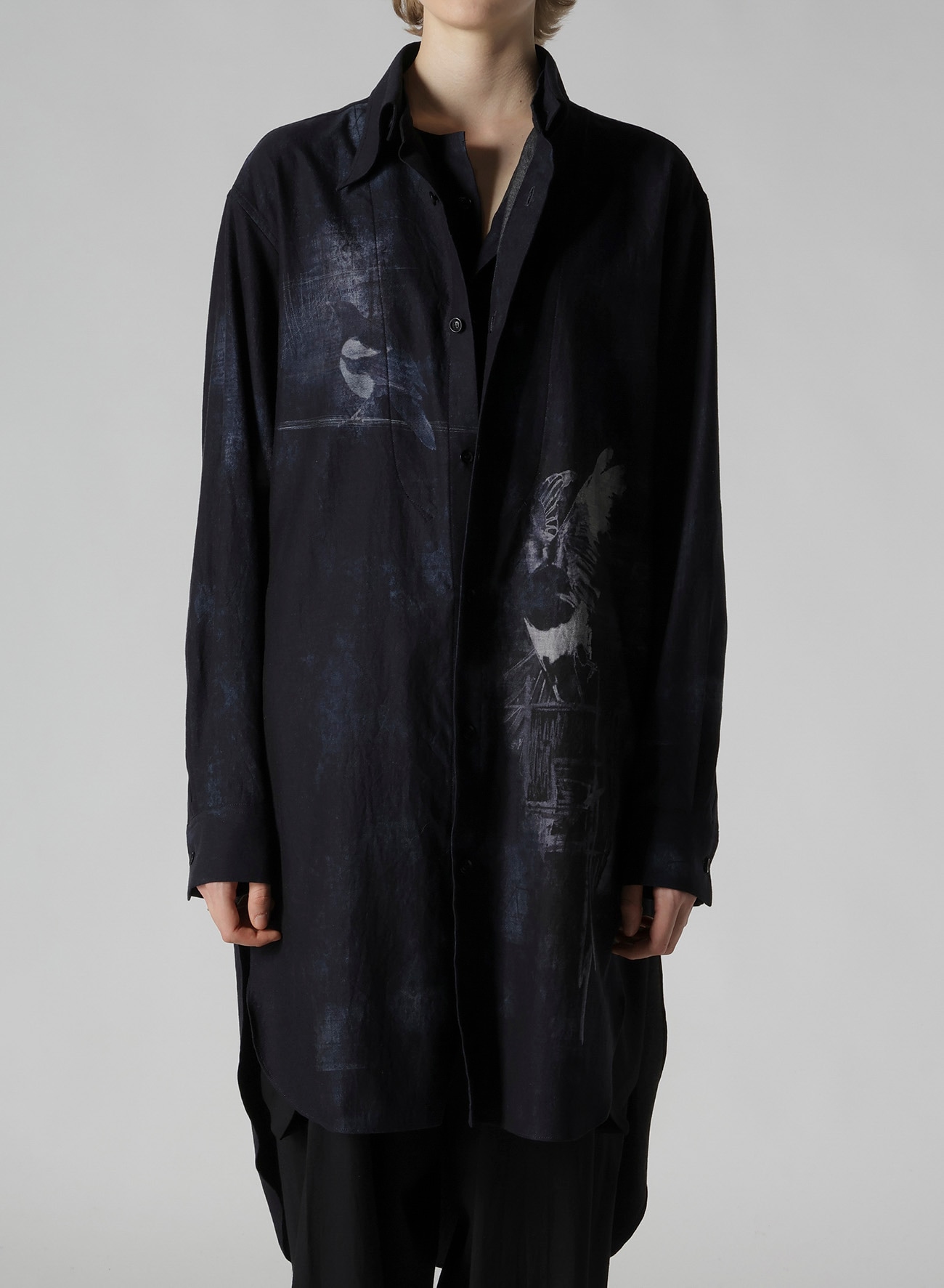 BIRD PRINT DENIM DOUBLE FRONT SHIRT