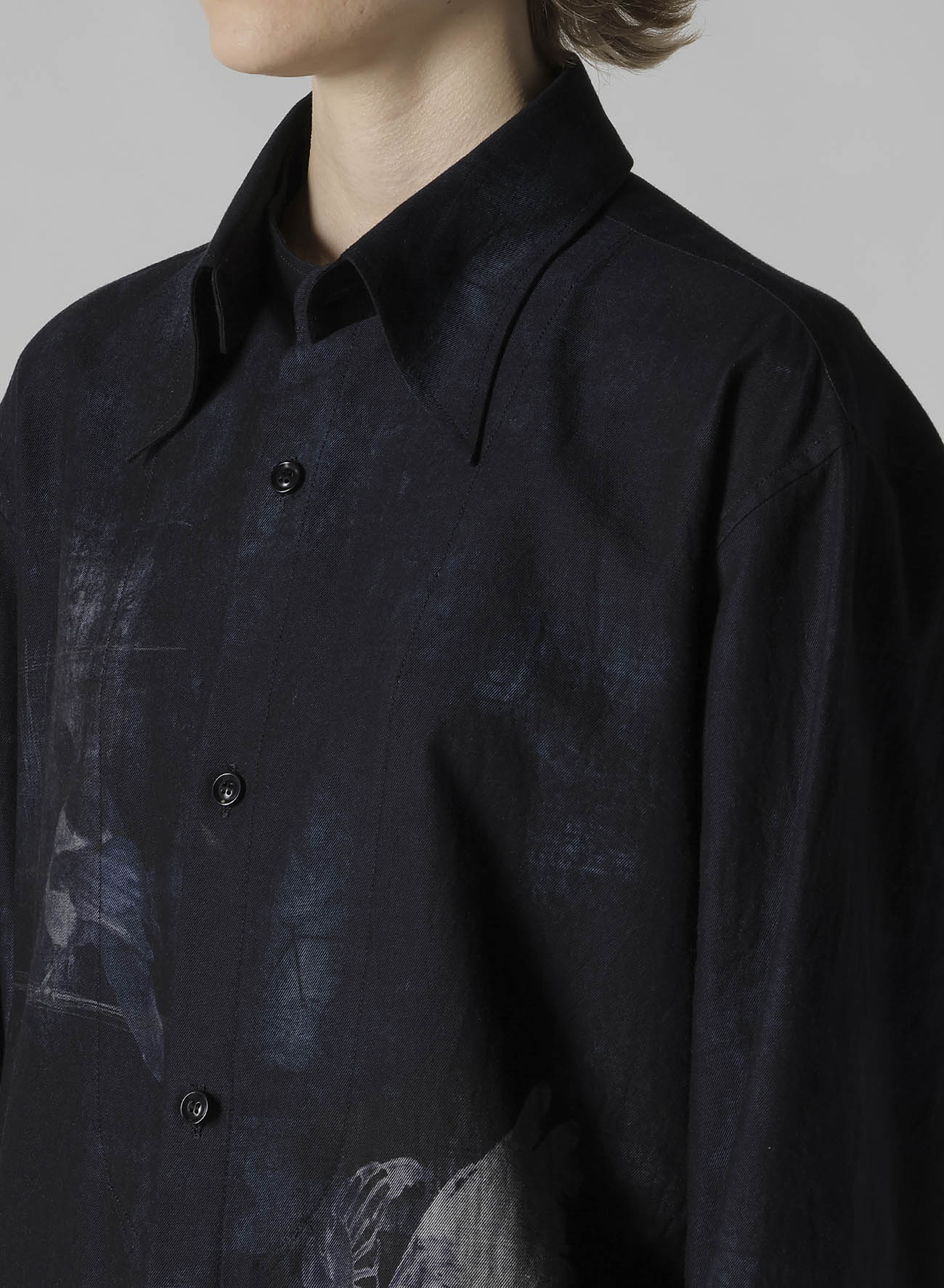 BIRD PRINT DENIM DOUBLE FRONT SHIRT