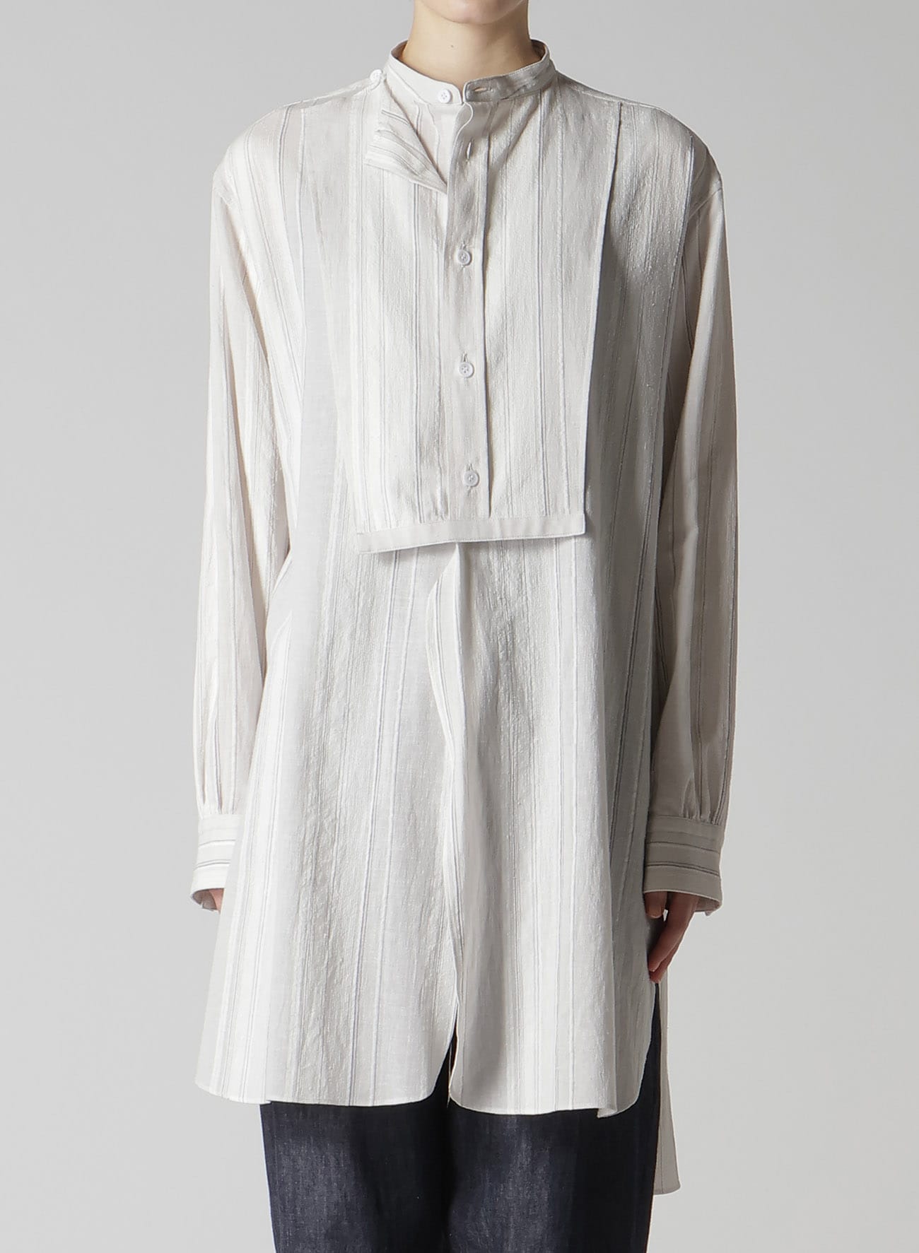 STRIPE SHRINK-FINISH FRONT CLOTH BLOUSE