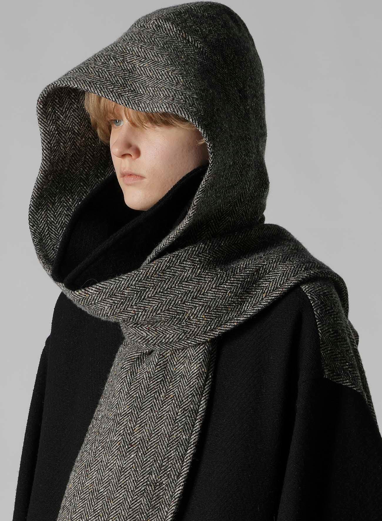 BIG HERRINGBONE DETACHABLE HOODIE COAT