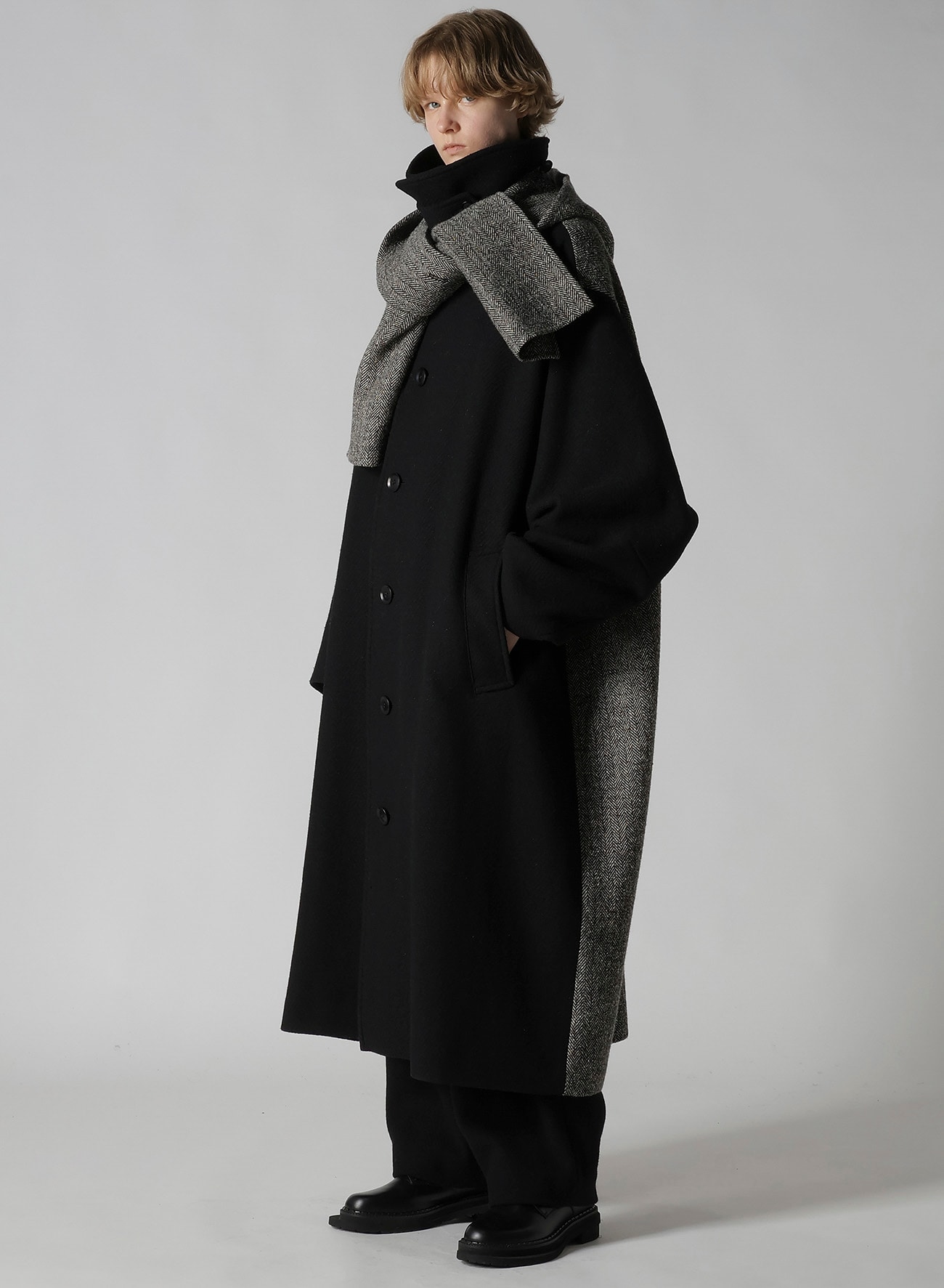 BIG HERRINGBONE DETACHABLE HOODIE COAT