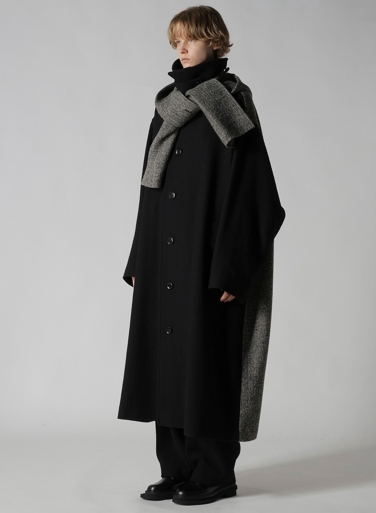 BIG HERRINGBONE DETACHABLE HOODIE COAT