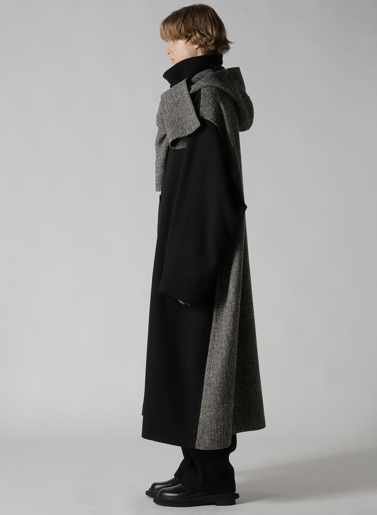 BIG HERRINGBONE DETACHABLE HOODIE COAT