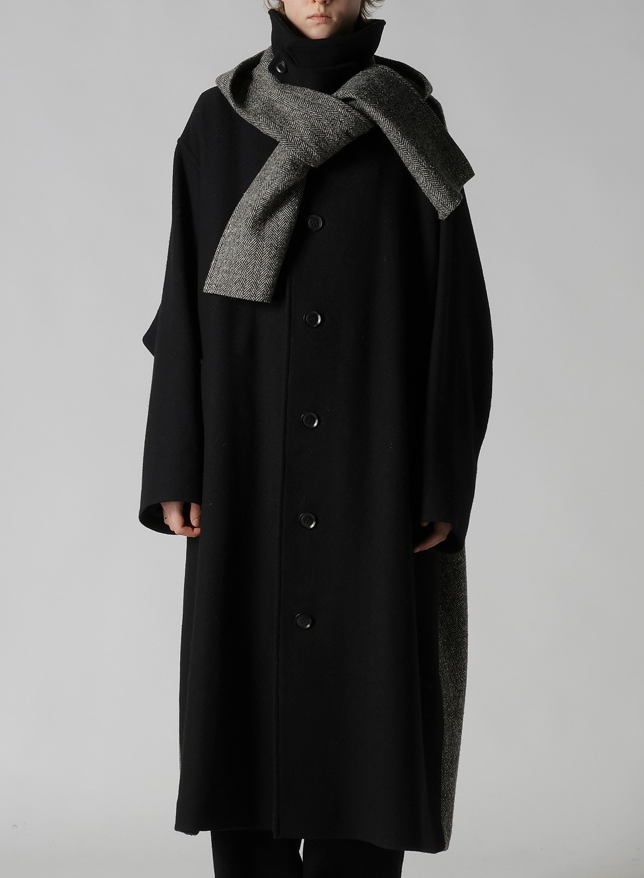BIG HERRINGBONE DETACHABLE HOODIE COAT