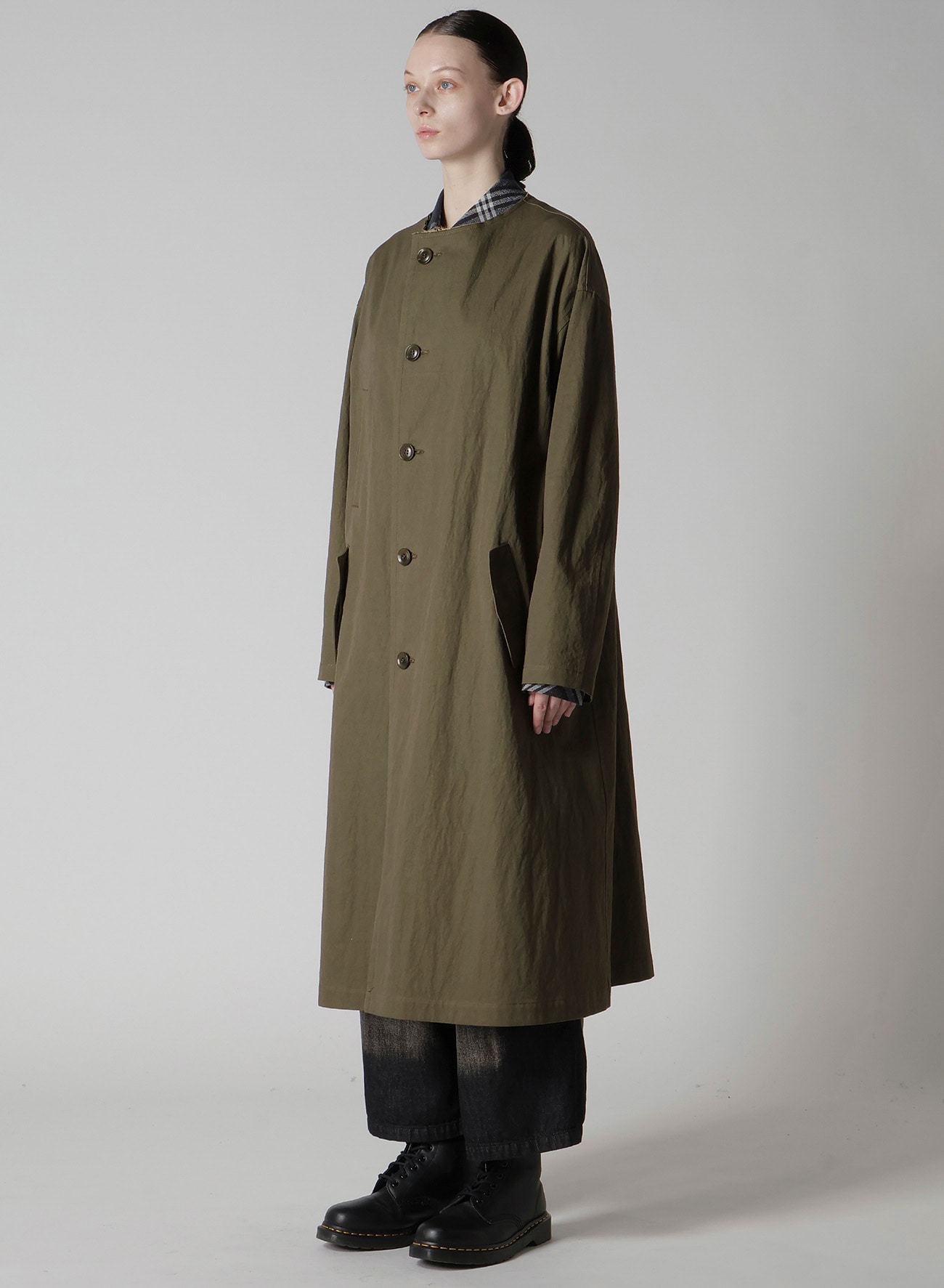 COTTON NYLON GABARDINE COLLARLESS COAT