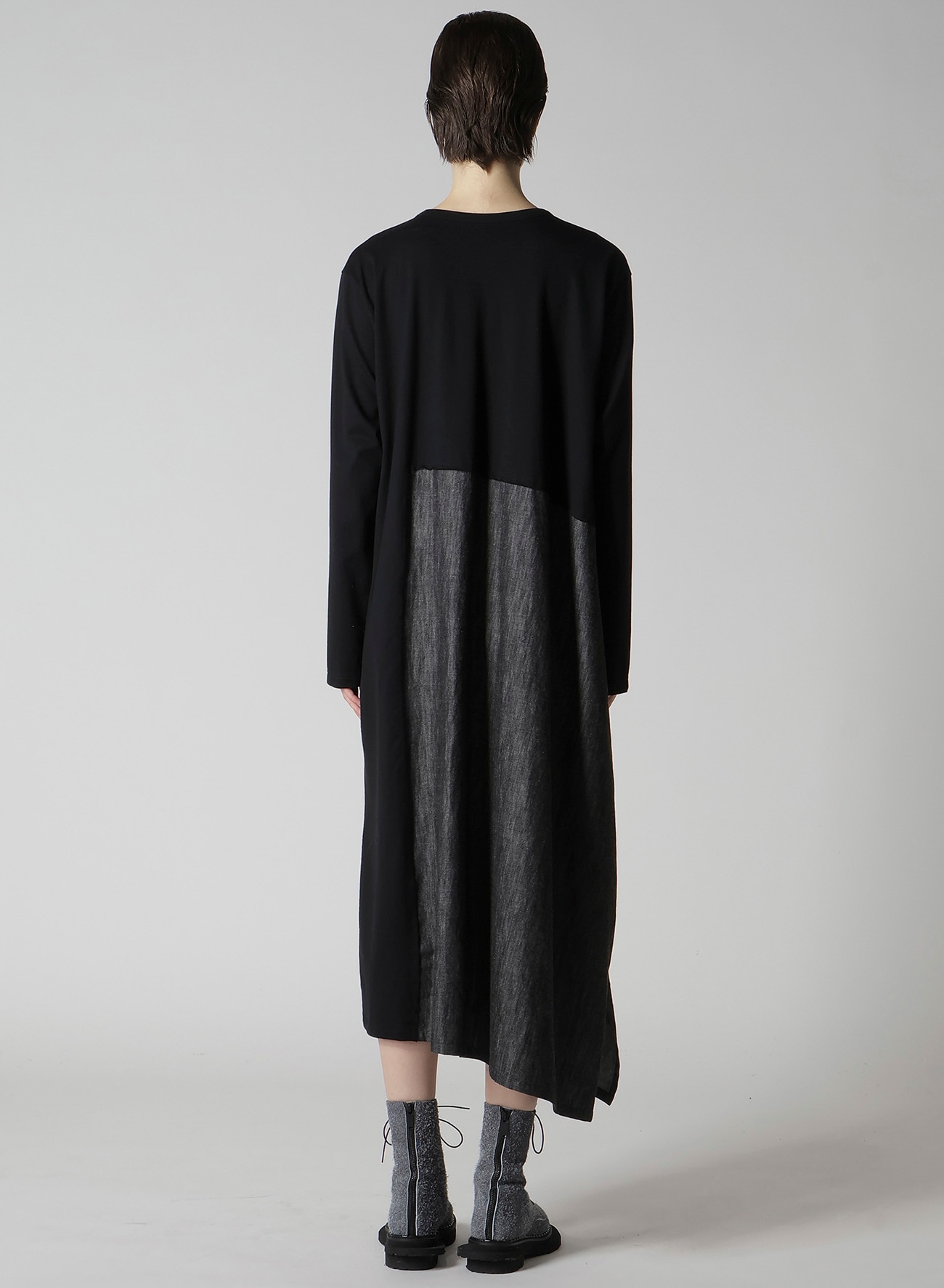 DENIM COMBINATION LONG SLEEVE DRESS(XS Black): Y's｜THE SHOP
