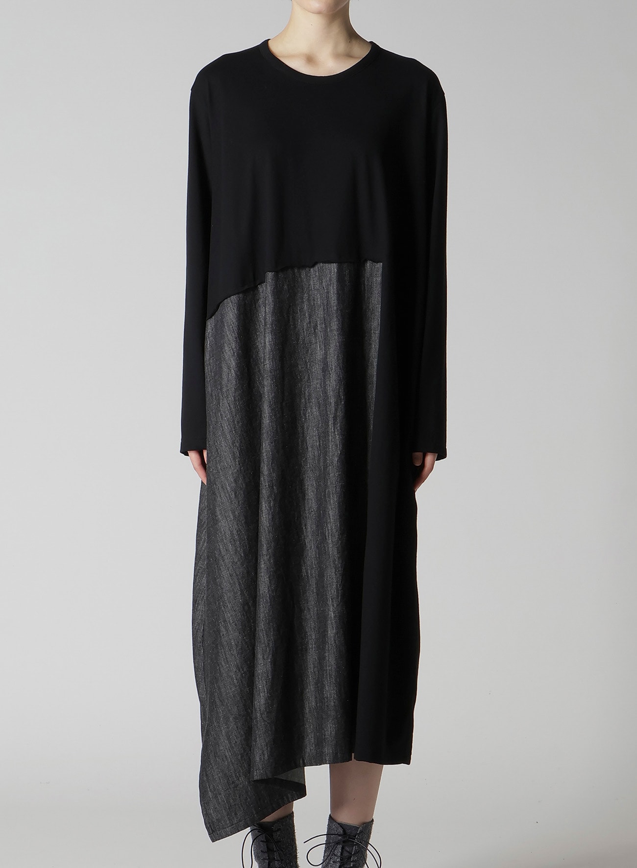 DENIM COMBINATION LONG SLEEVE DRESS(XS Black): Y's｜THE SHOP
